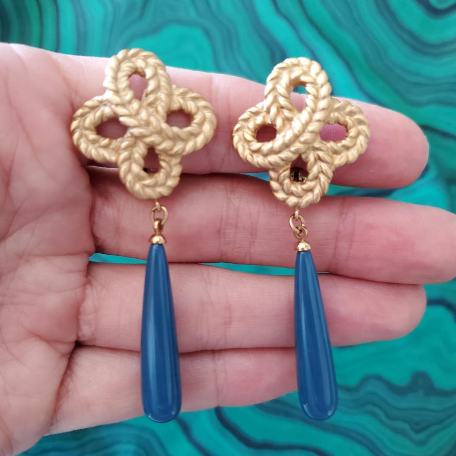 Monet Blue and Gold Tassel Clip Earrings