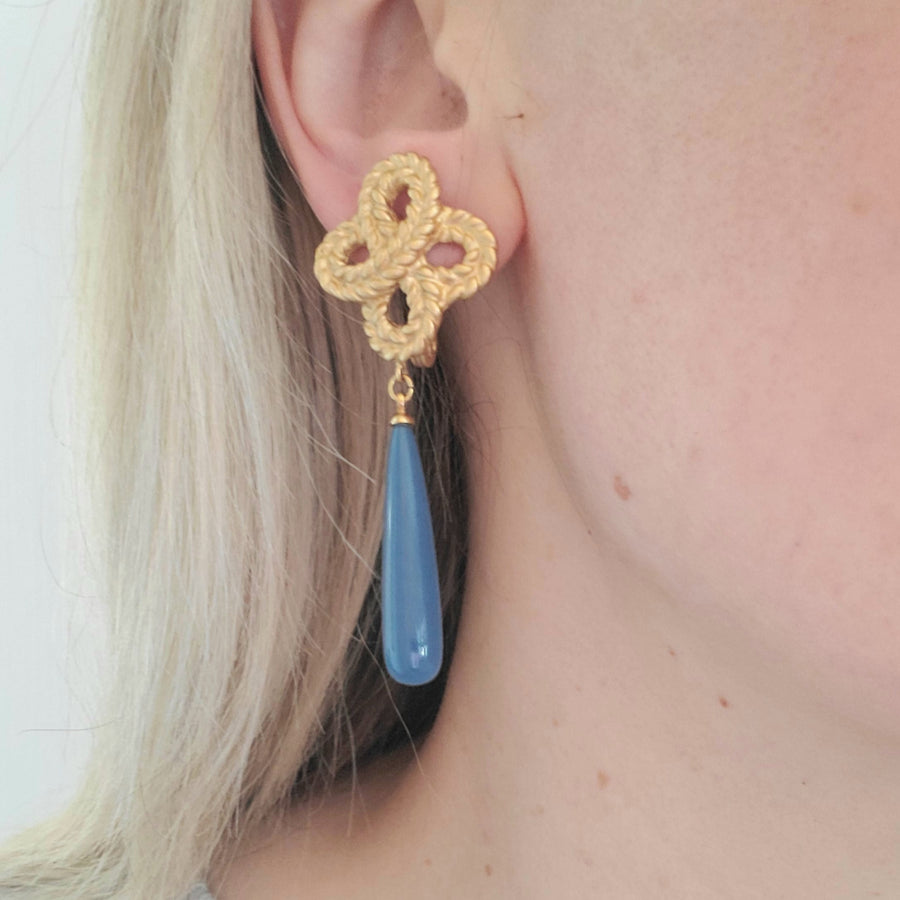 Monet Blue and Gold Tassel Clip Earrings