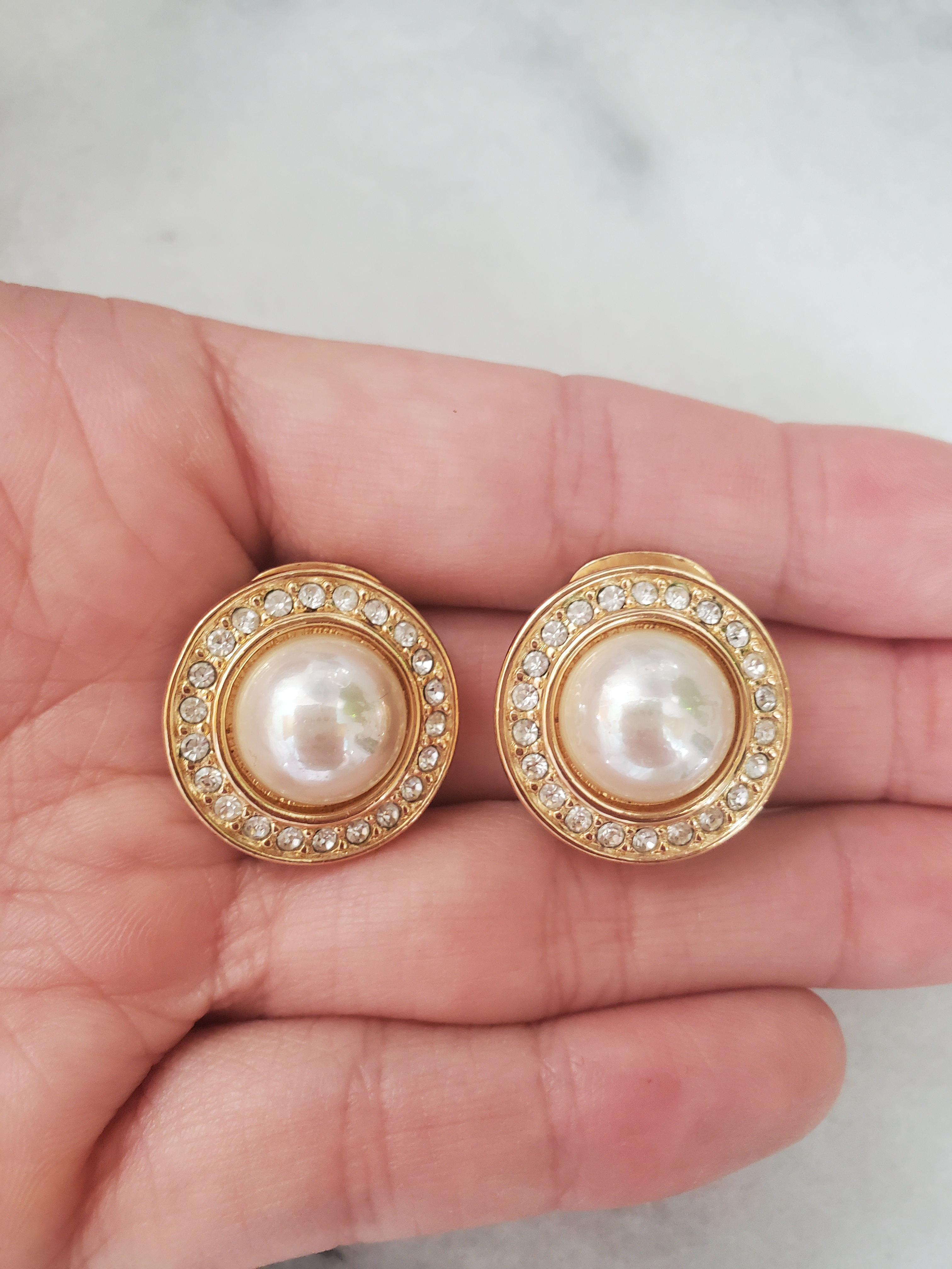 Signed Christian Dior Pearl and Crystal Clip-On Earrings