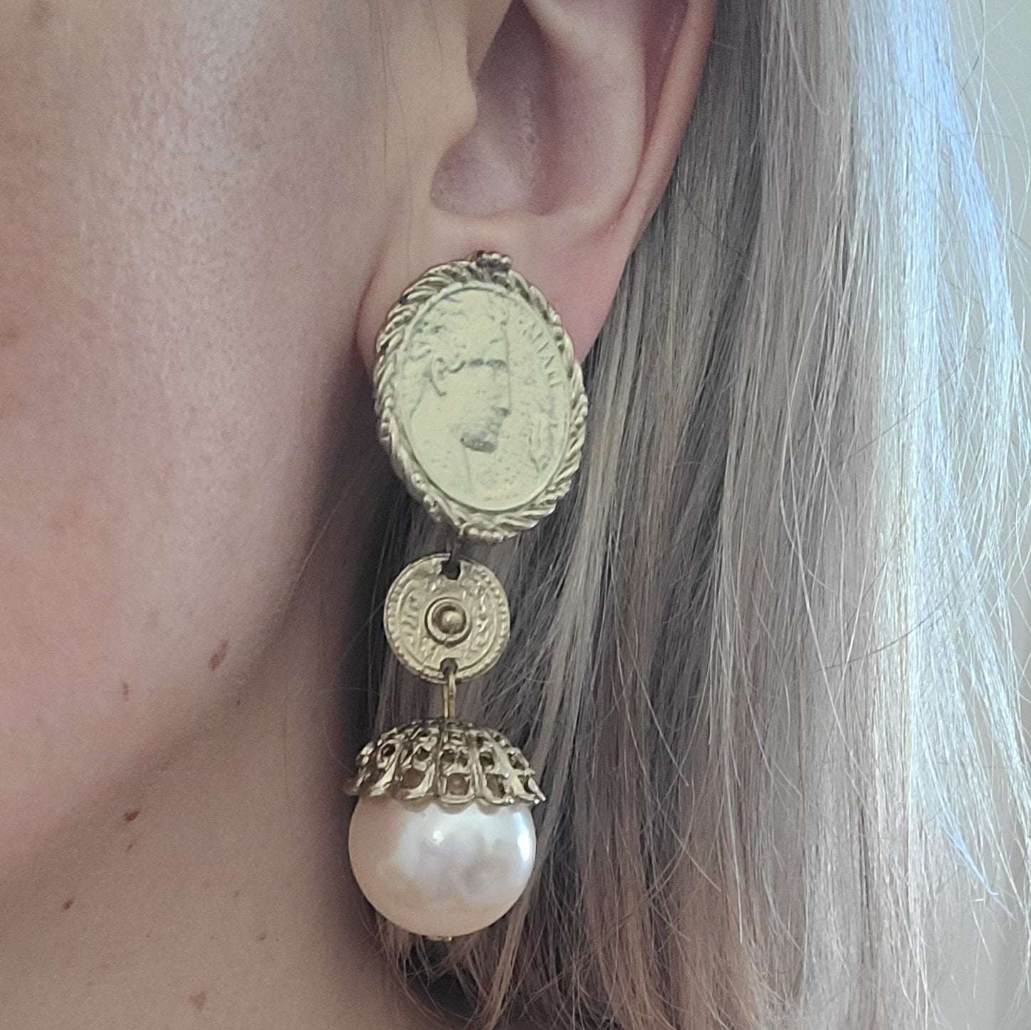 Gold Coin and Pearl Clip-On Earrings