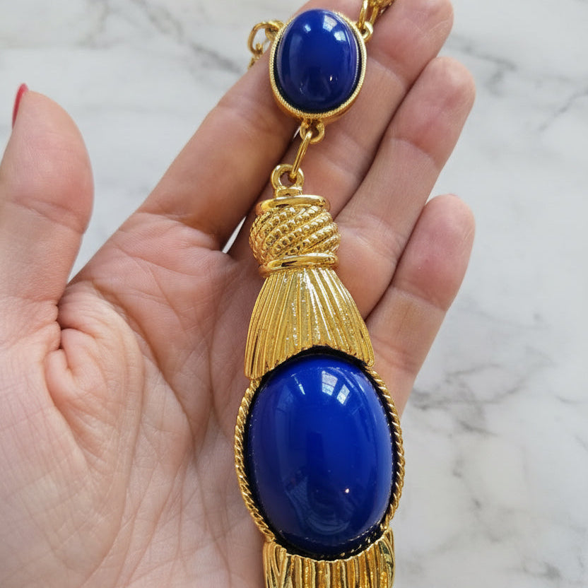 Vintage 60s Blue Tassel Pendant Necklace
