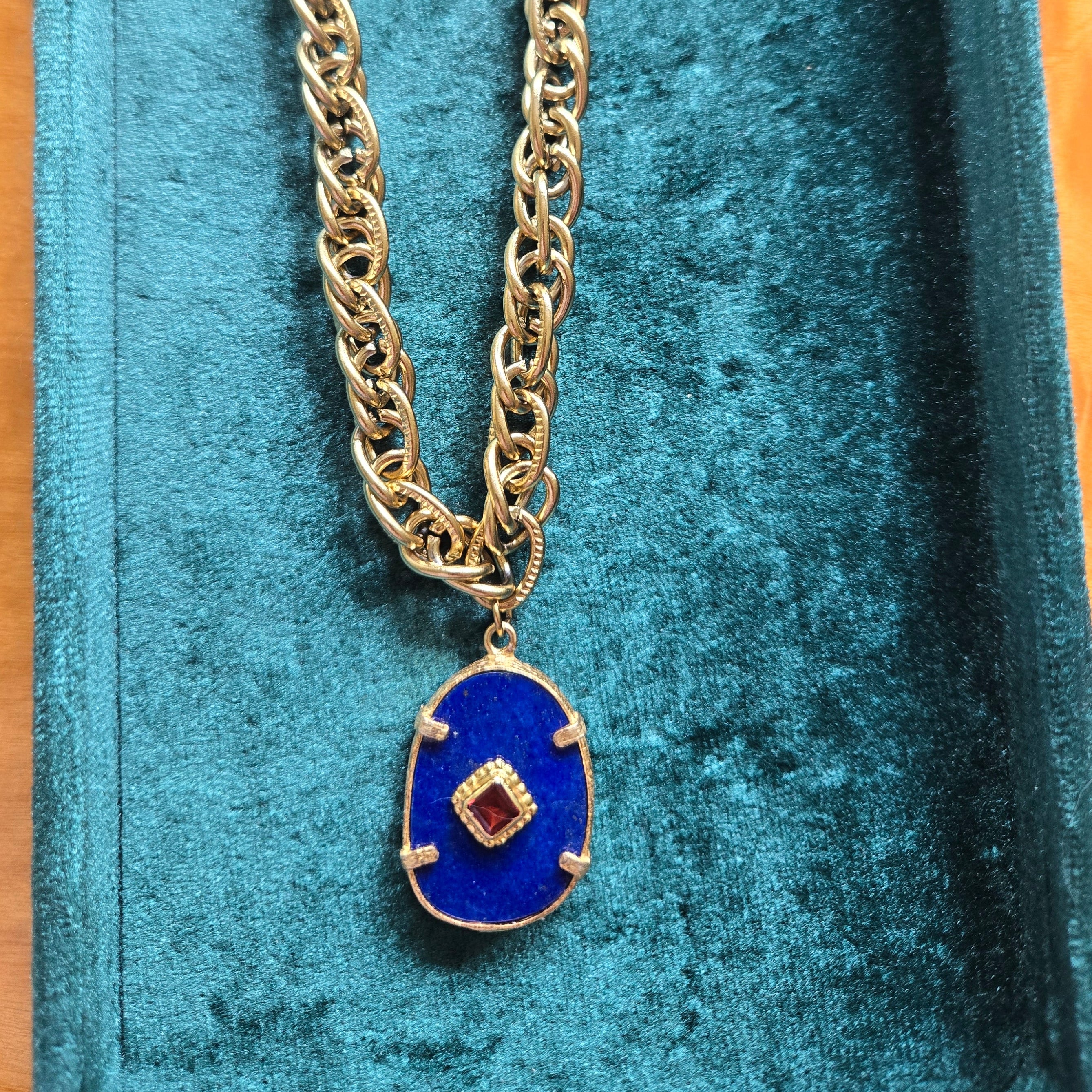 French Lapis & Garnet  Pendant Necklace