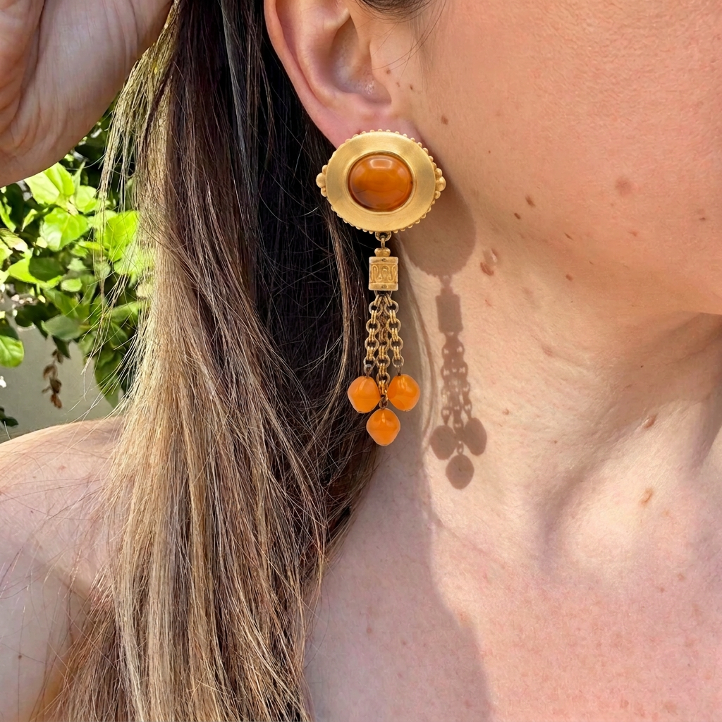 Vintage Liz Claiborne Gold & Orange Resin Cabochon Dangle Earrings