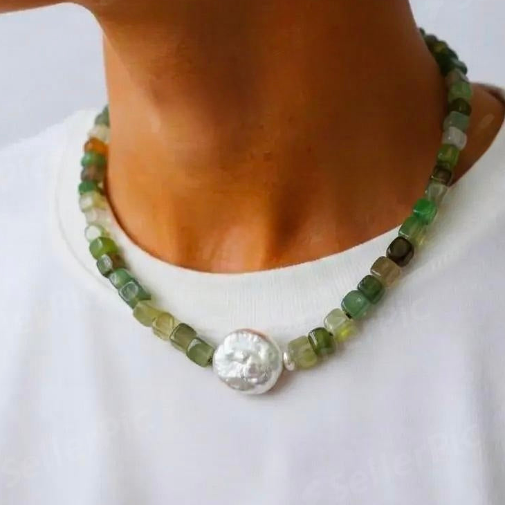 Green Aventurine Stone and Baroque Pearl Necklace