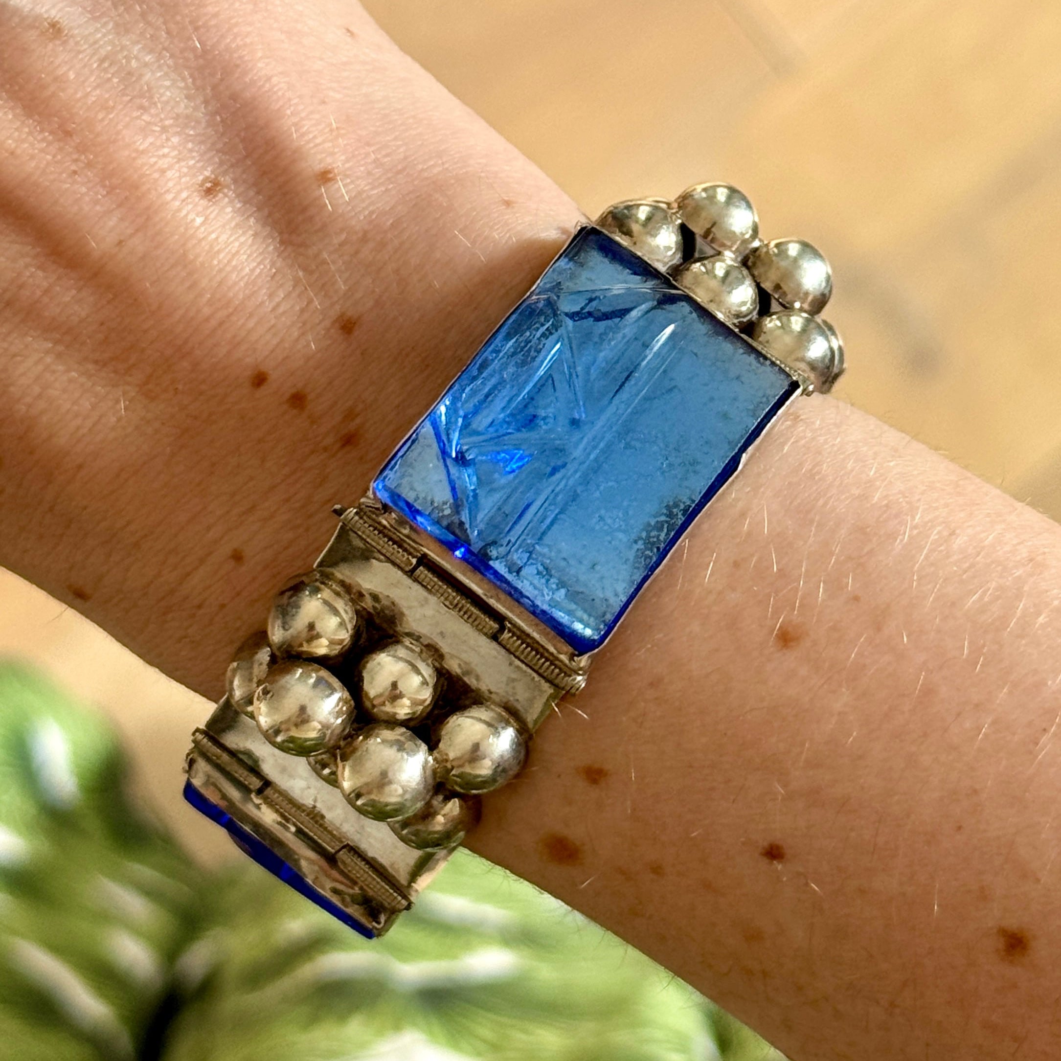 Vintage 1940s Mexican Sterling Silver & Blue Glass Bracelet