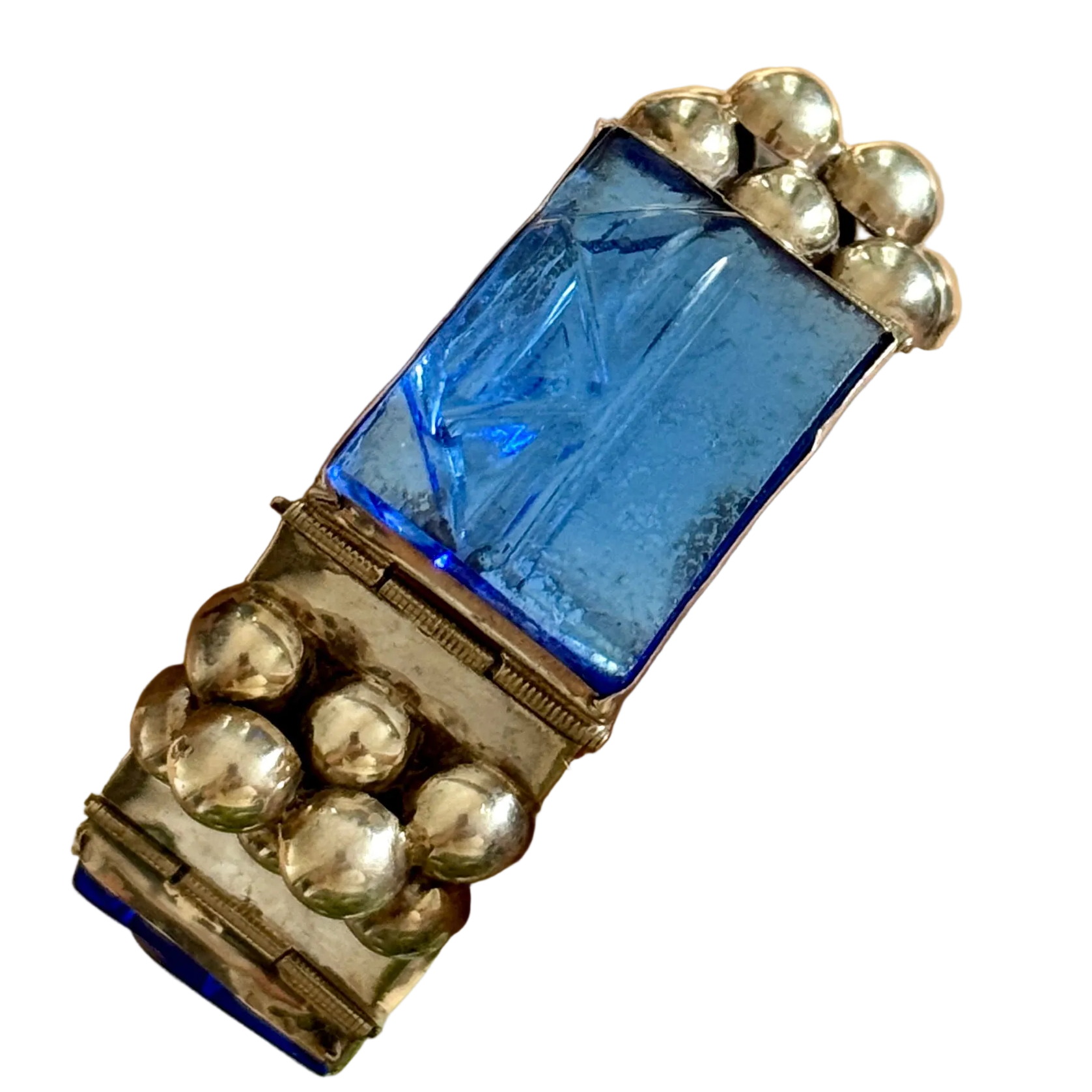 Vintage 1940s Mexican Sterling Silver & Blue Glass Bracelet