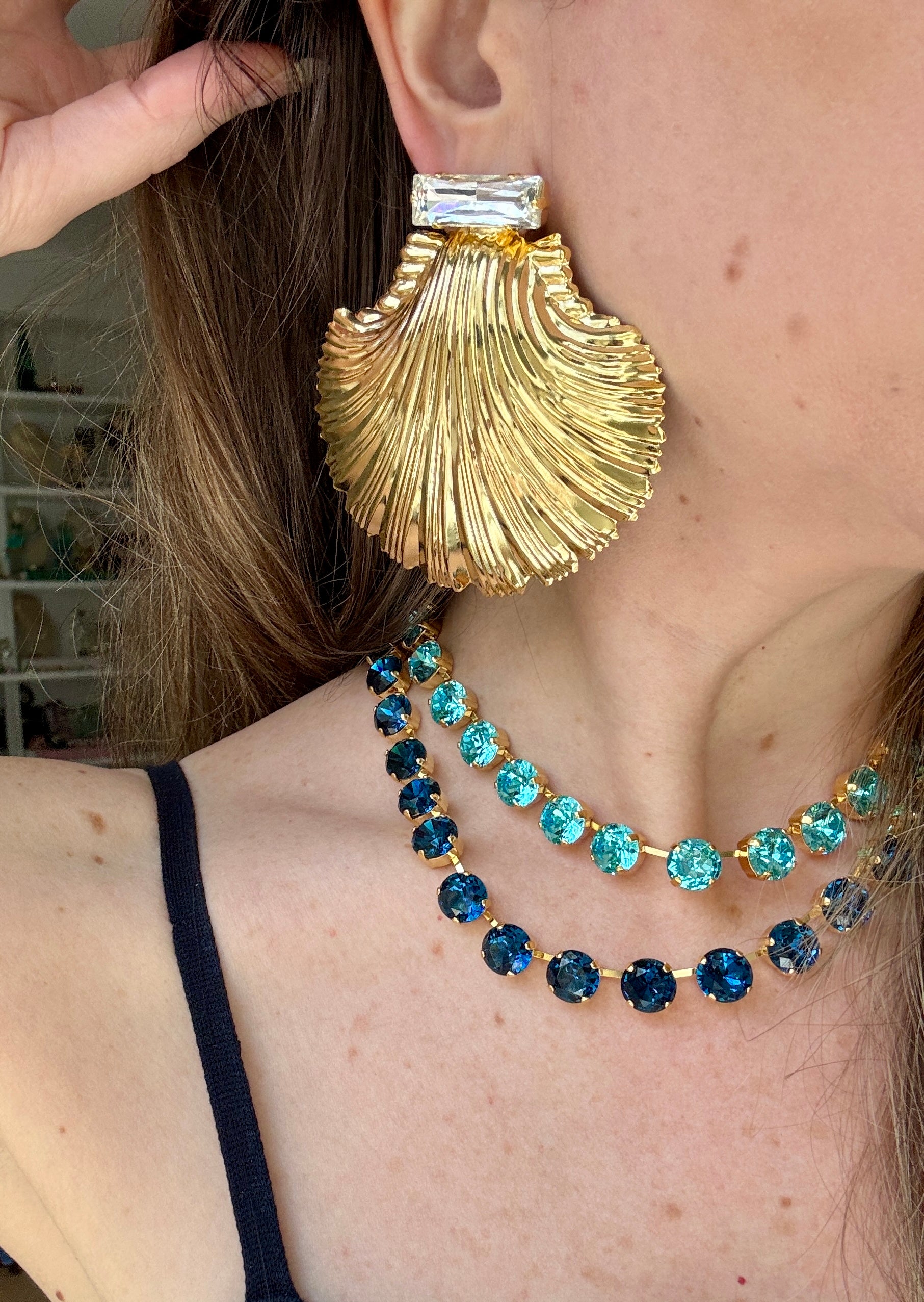 Ariel Shell Earrings Aqua or Clear Crystal