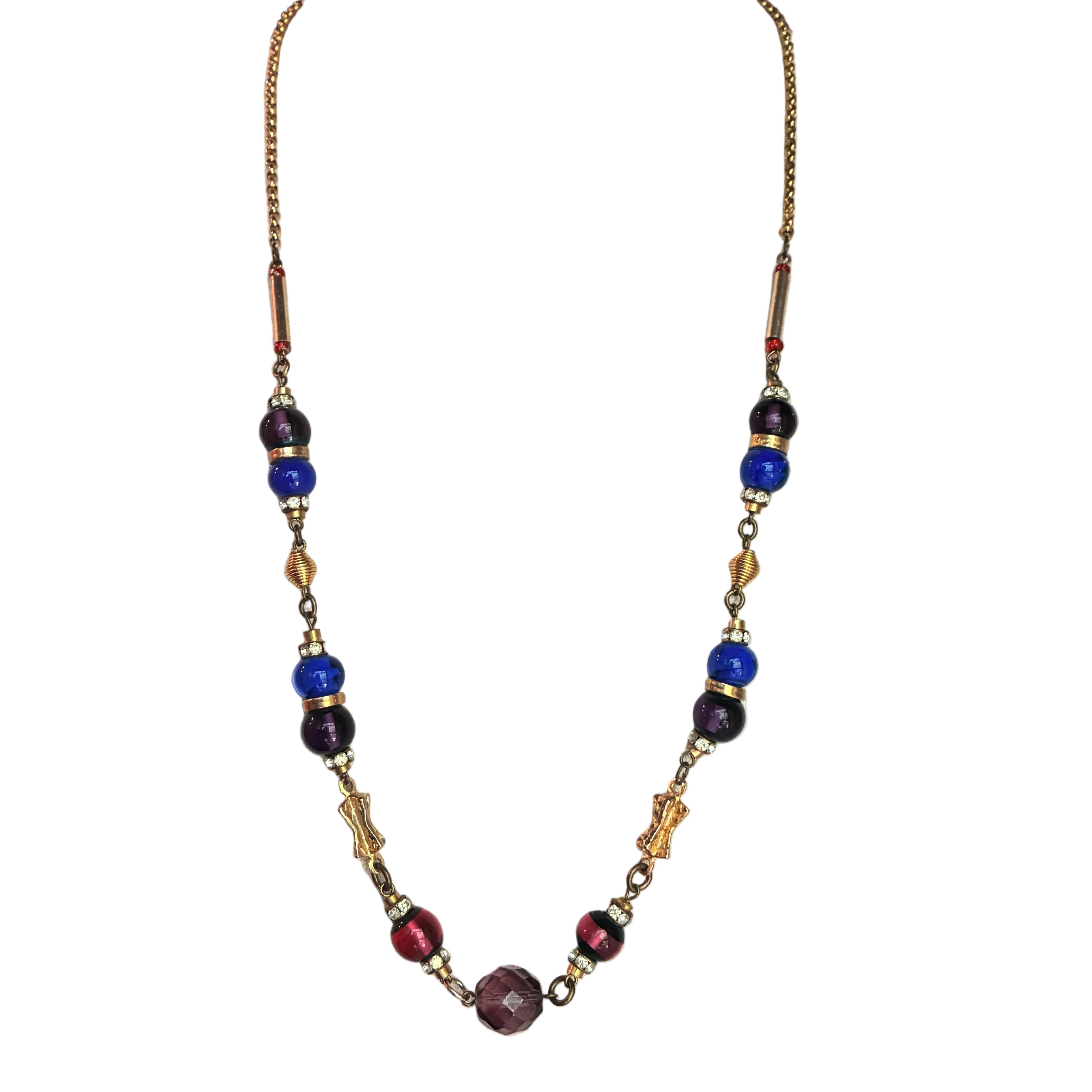 Necklace with multicolored beads on a white background