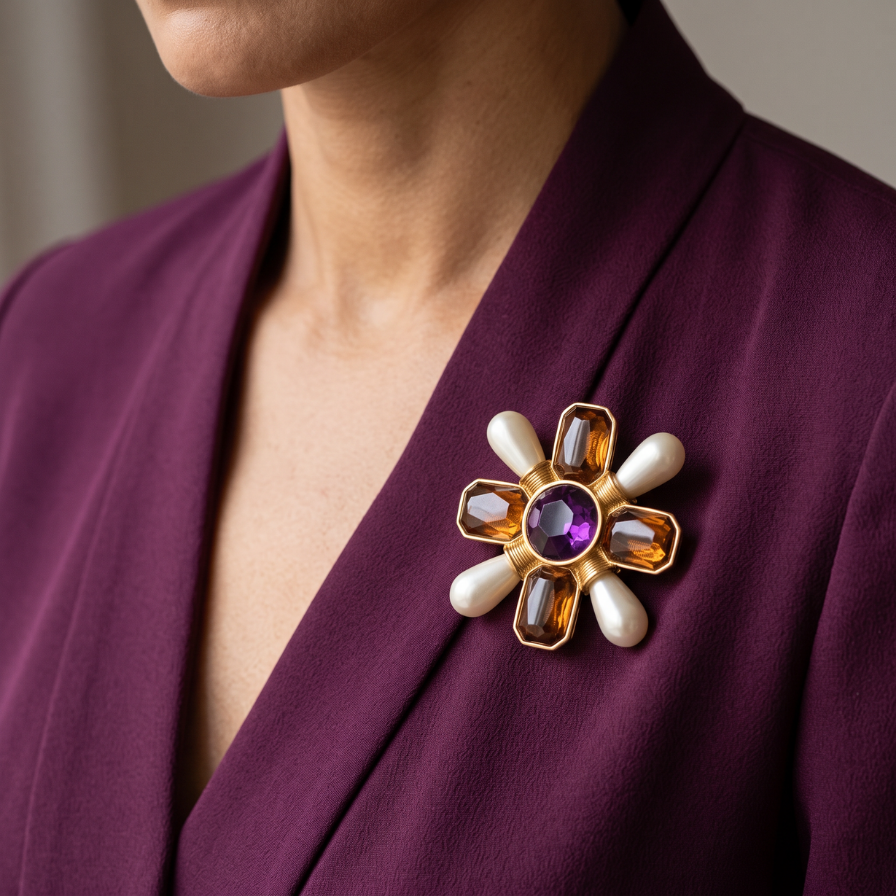 Vintage Pearl, Amber & Purple Resin Floral Brooch