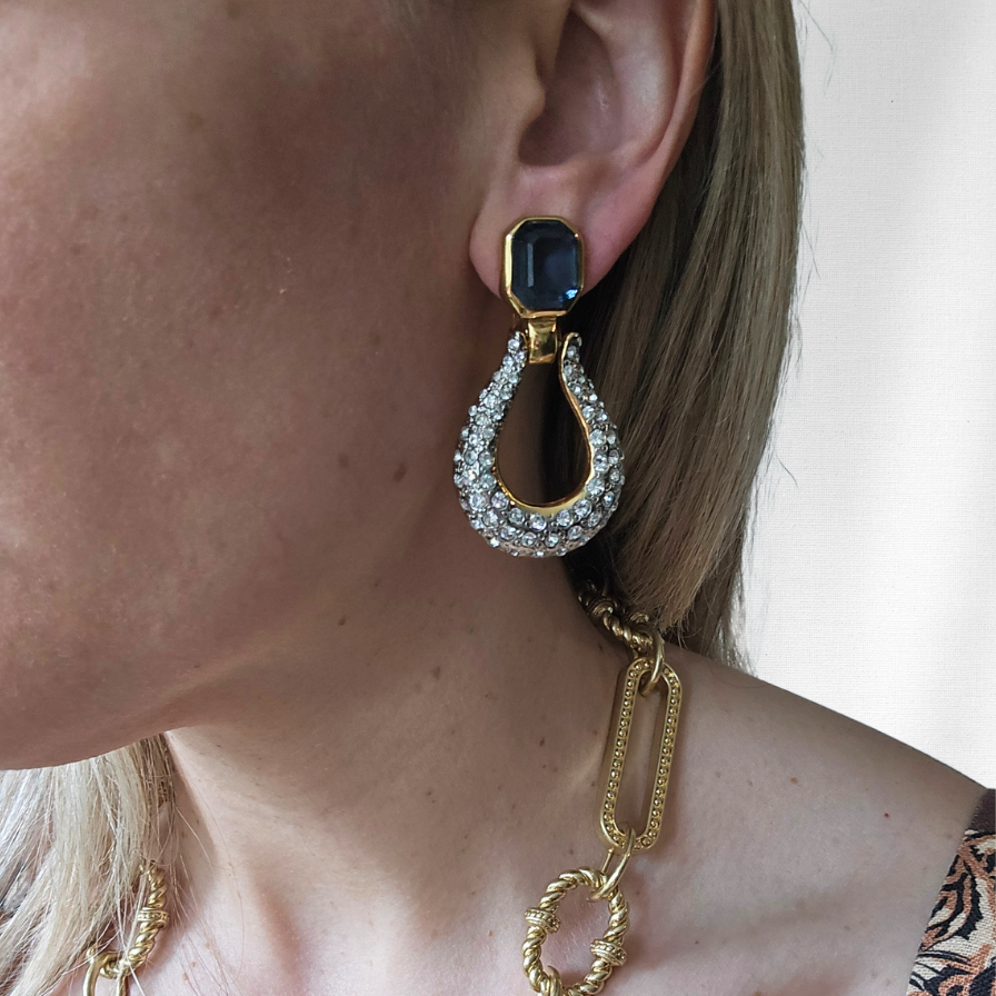 Vintage Blue Crystal Door Knocker Earrings