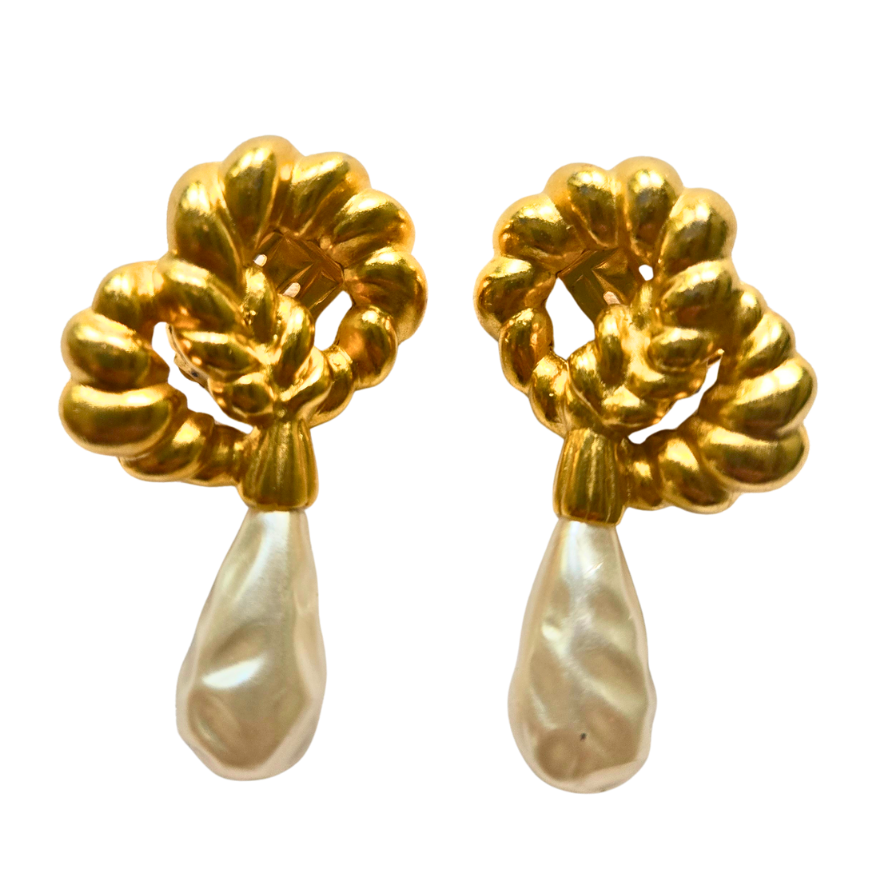 Vintage Gold Knotted & Teardrop Pearl Clip-On Earrings
