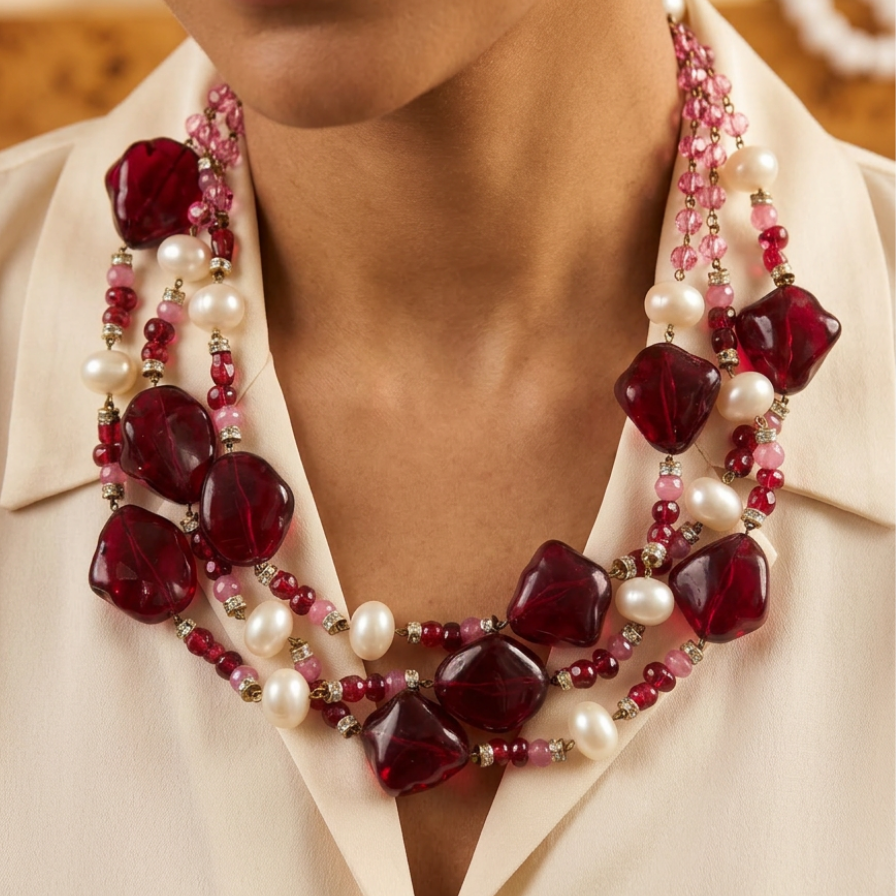Vintage French Pink Red and Faux Pearl Torsade Necklace