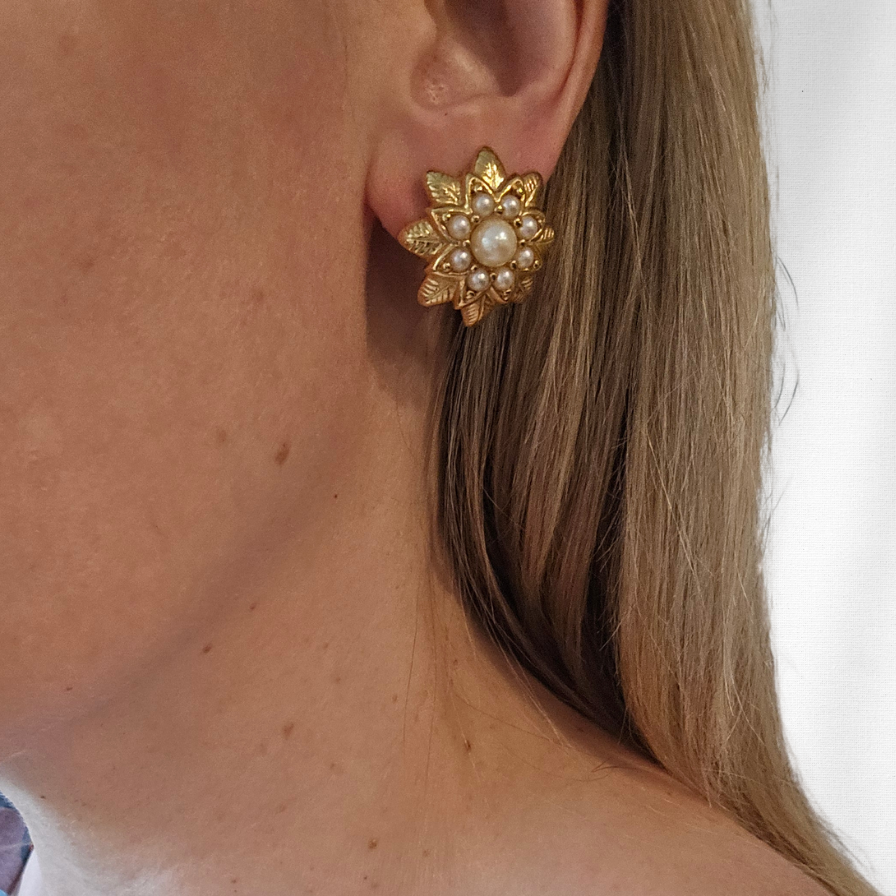 Vintage Gold Faux Pearl Flower Earrings