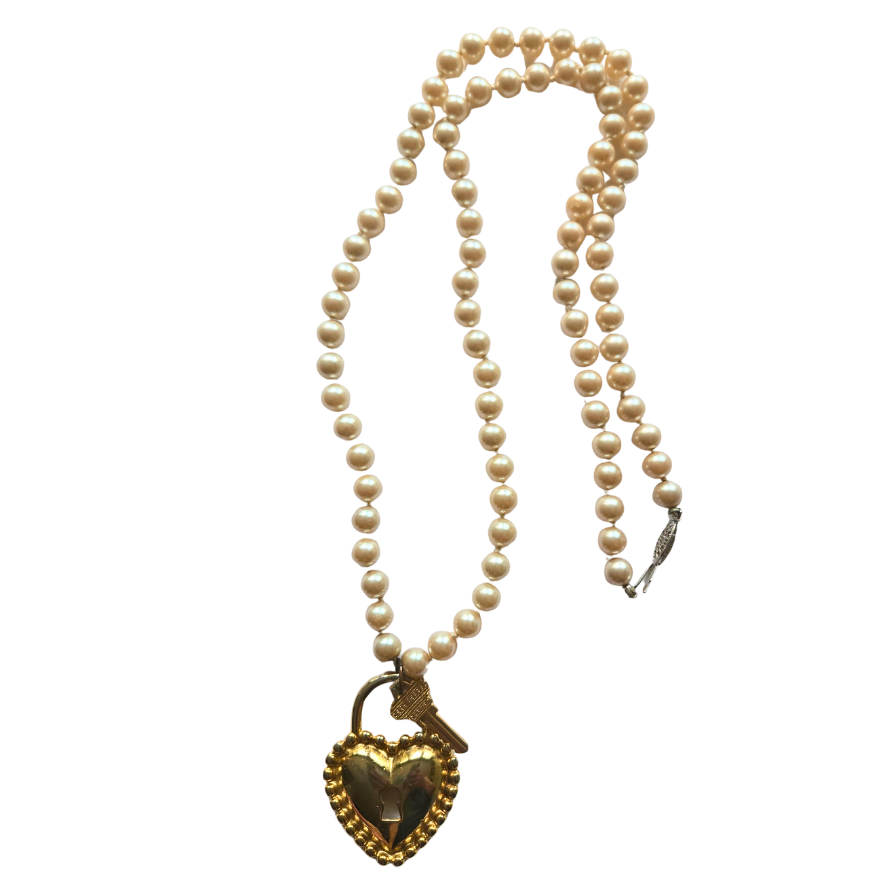 Vintage Glass Pearl Necklace with Gold Heart Lock & Key Pendant