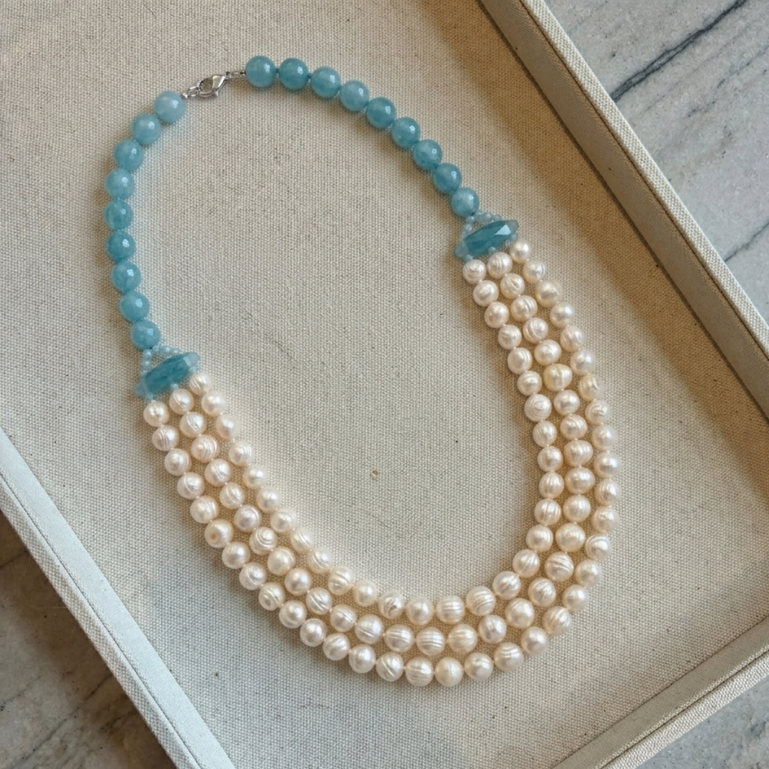Vintage Multi-Strand Pearl and Blue Stone Necklace