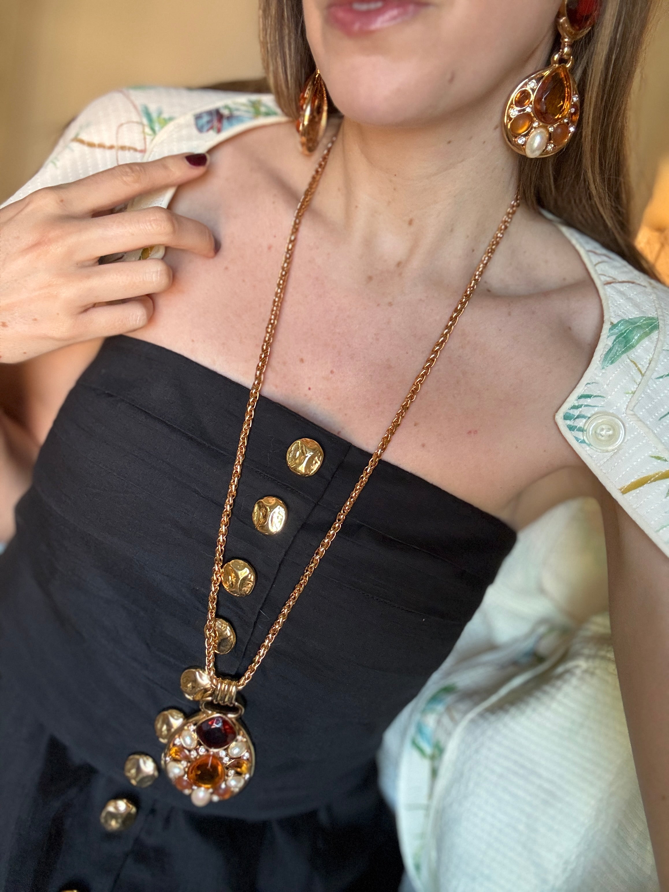 Vintage Designer Citrine, Topaz Crystal & Pearl Earrings
