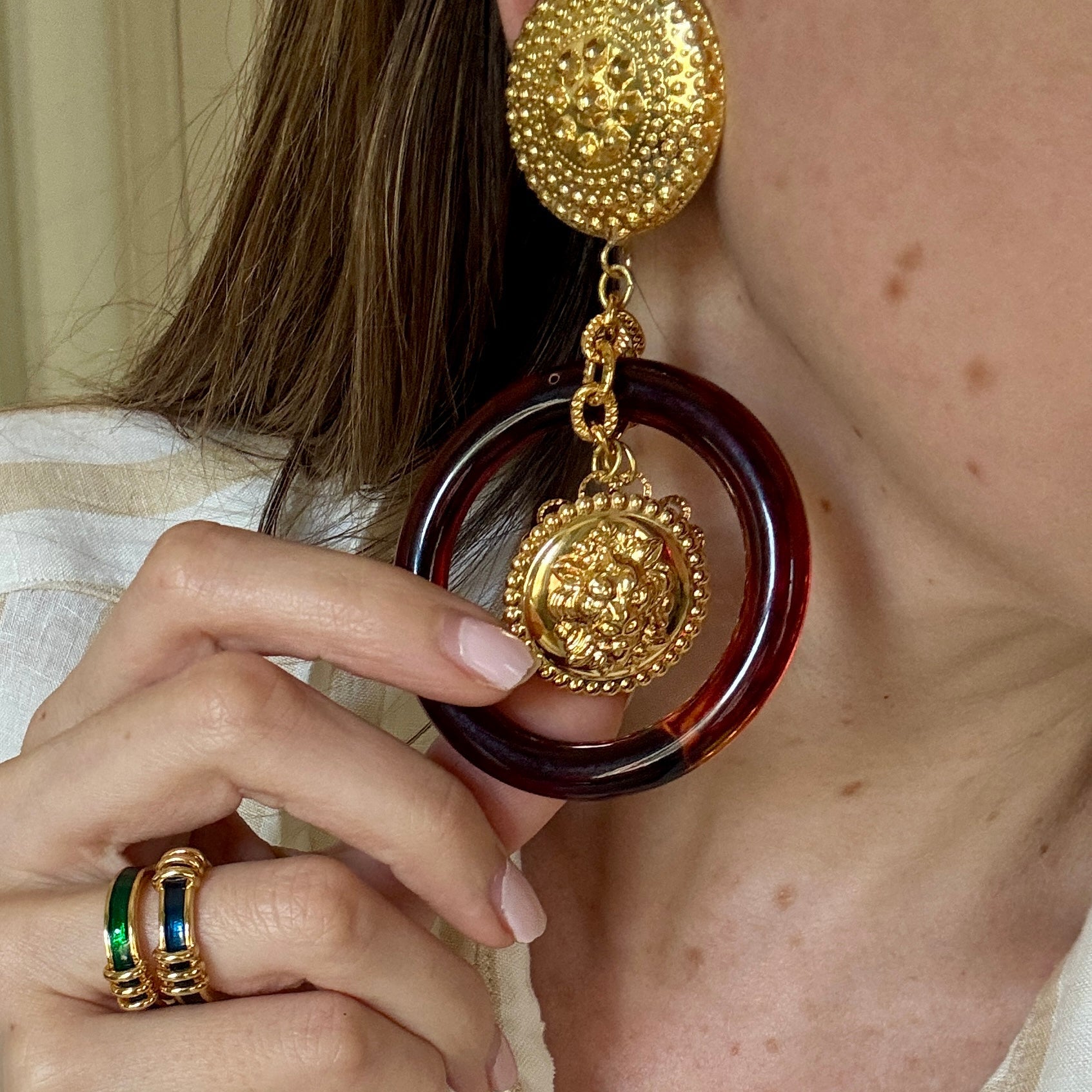 Vintage Italian Tortoise Hoops with Lion Charms