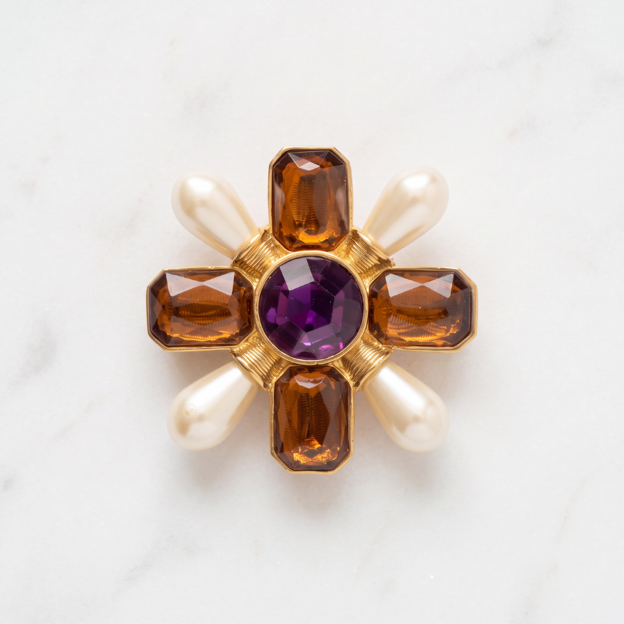 Vintage Pearl, Amber & Purple Resin Floral Brooch