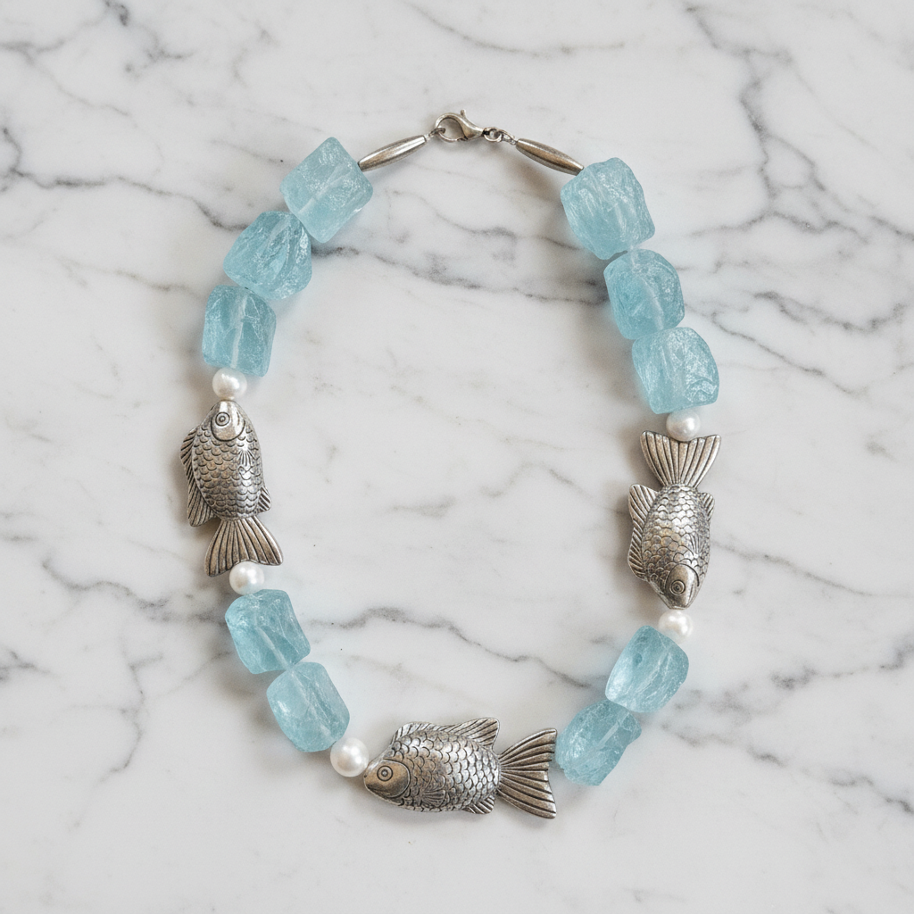 80s Vintage Aquamarine and Silver Fish Charm Necklace