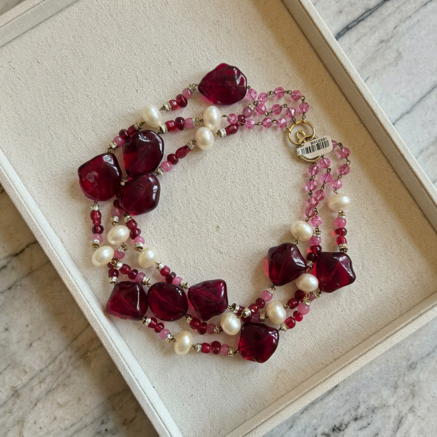 Vintage French Pink Red and Faux Pearl Torsade Necklace