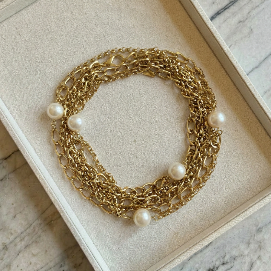 Gold chain necklace with faux pearls