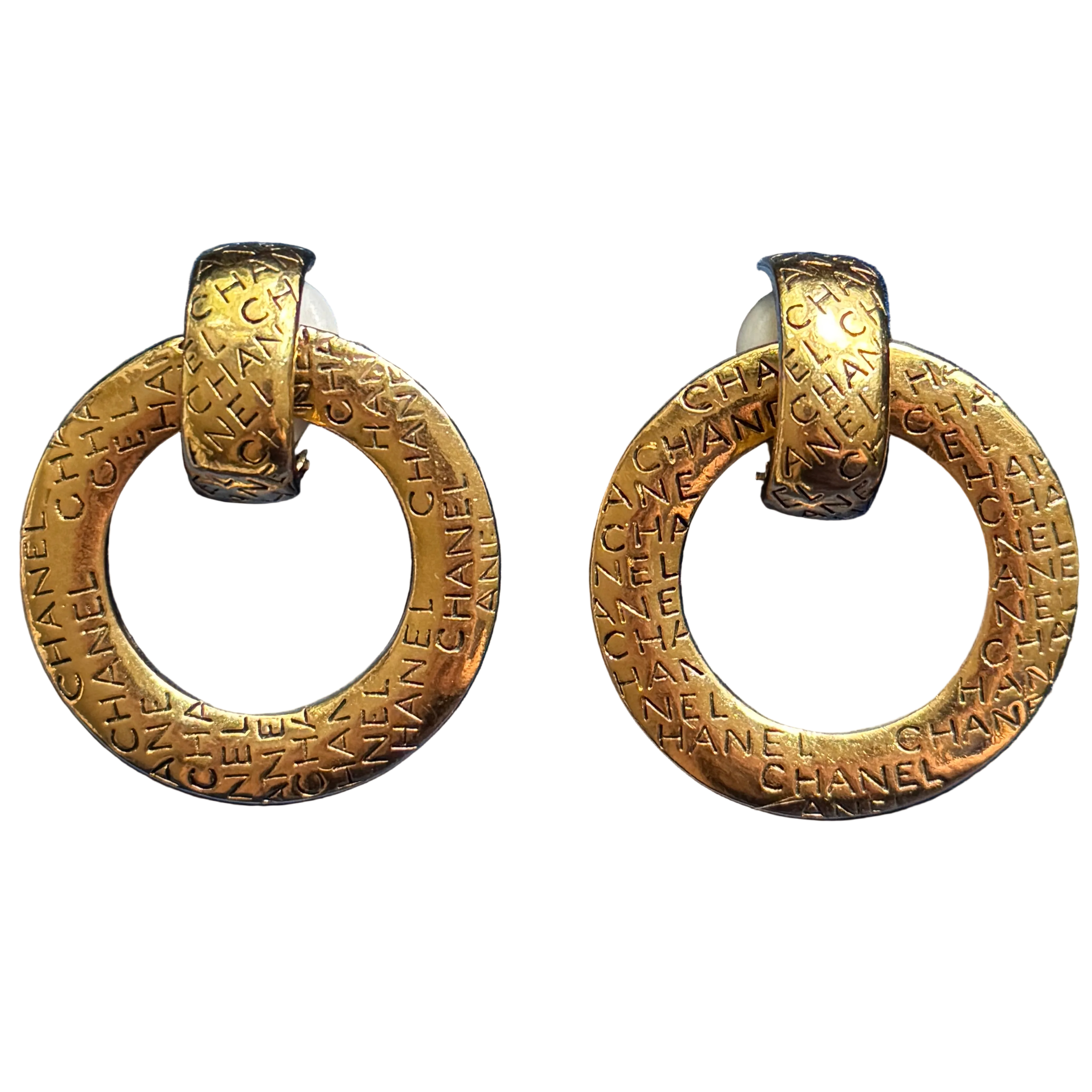Vintage Chanel Large Gold Logo Hoop Earrings