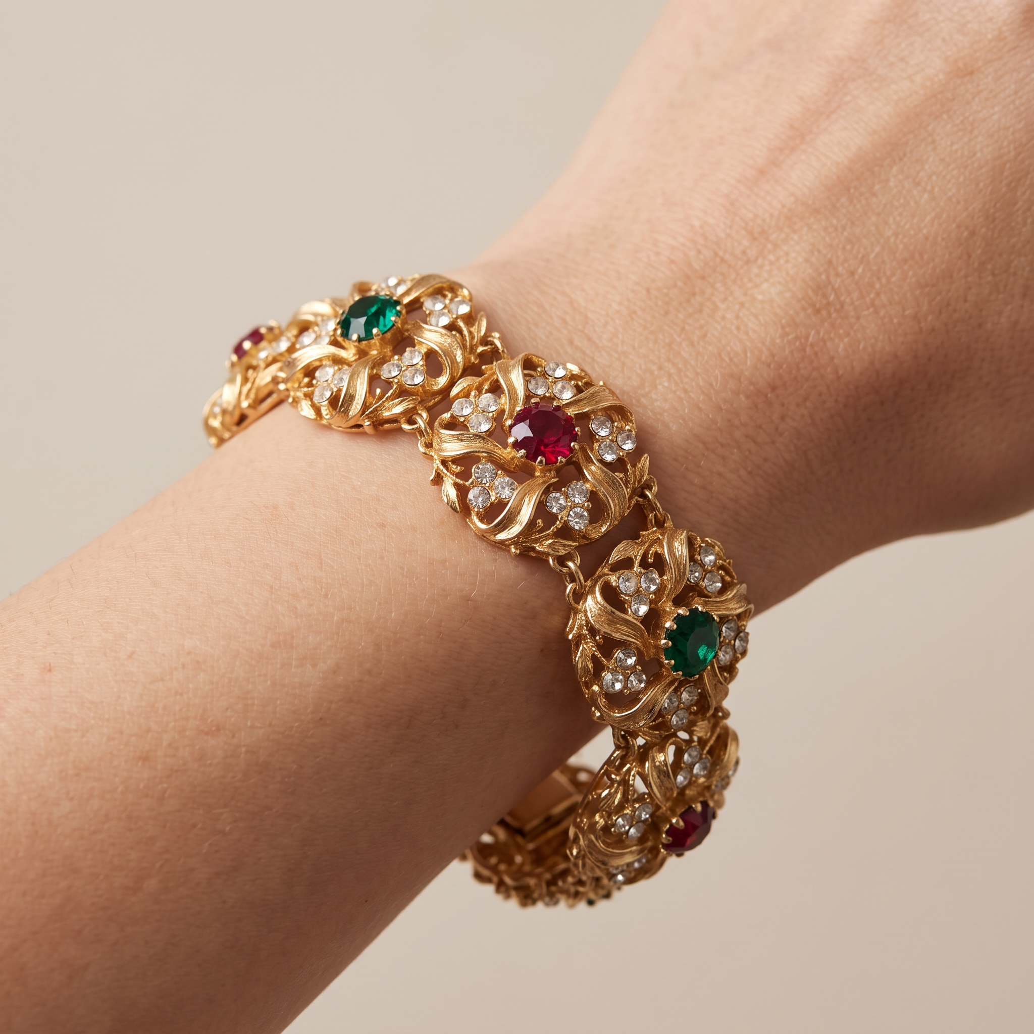 Vintage Gold Flower Bracelet with Green and Red Gems