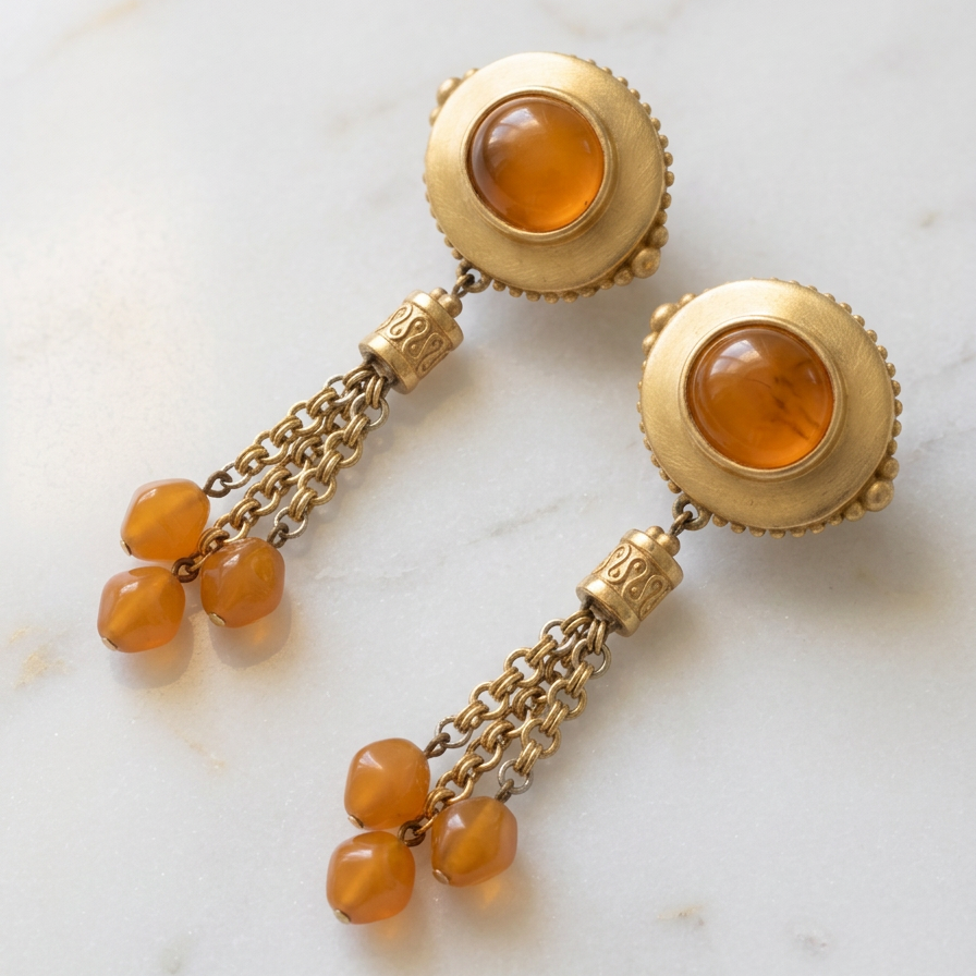 Vintage Liz Claiborne Gold & Orange Resin Cabochon Dangle Earrings