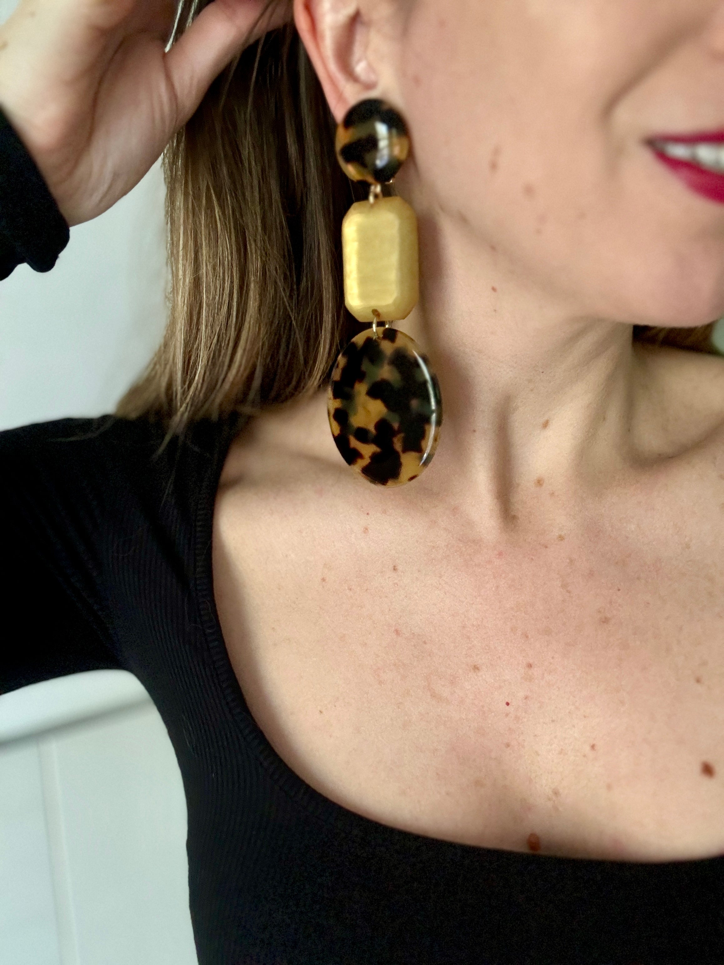 Large French Tortoise Gold Resin Earrings