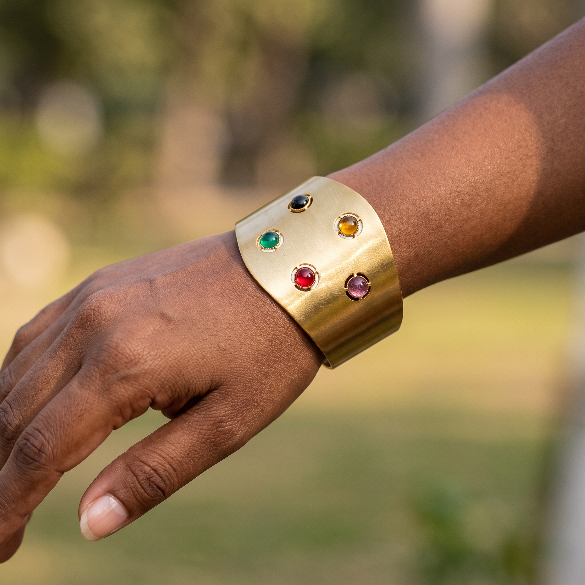 A wide gold cuff bracelet with six colorful gemstone accents, worn on a person's wrist against a blurred outdoor background.