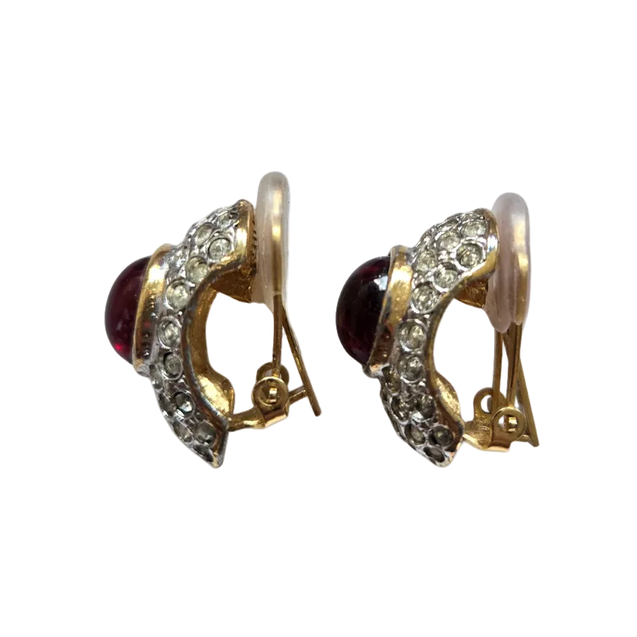 French Ruby-Red Glass Cabochon and Crystal Earrings