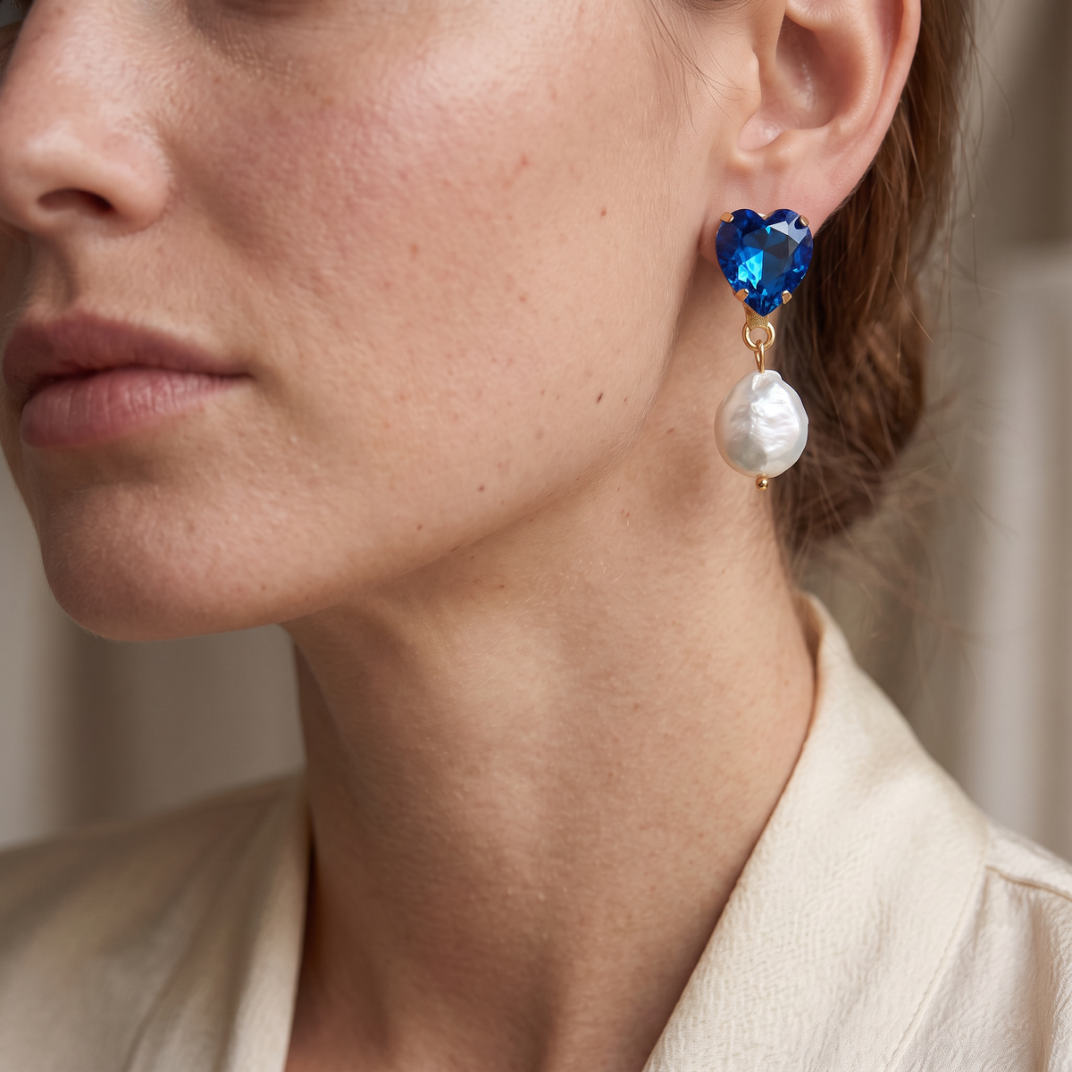 Jillian Blue Crystal Heart Pearl Drop Earrings