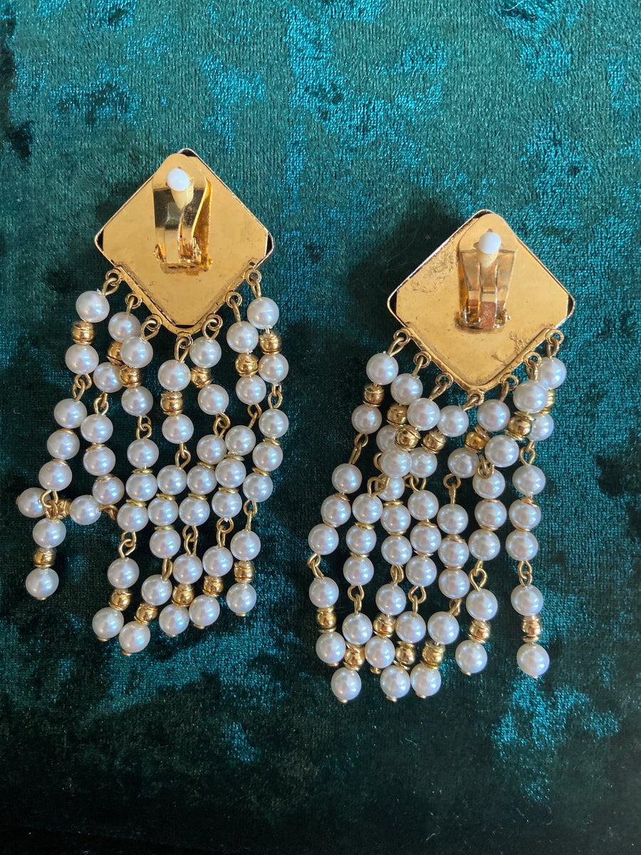 80s French Pearl & Gold Fringe Statement Earrings
