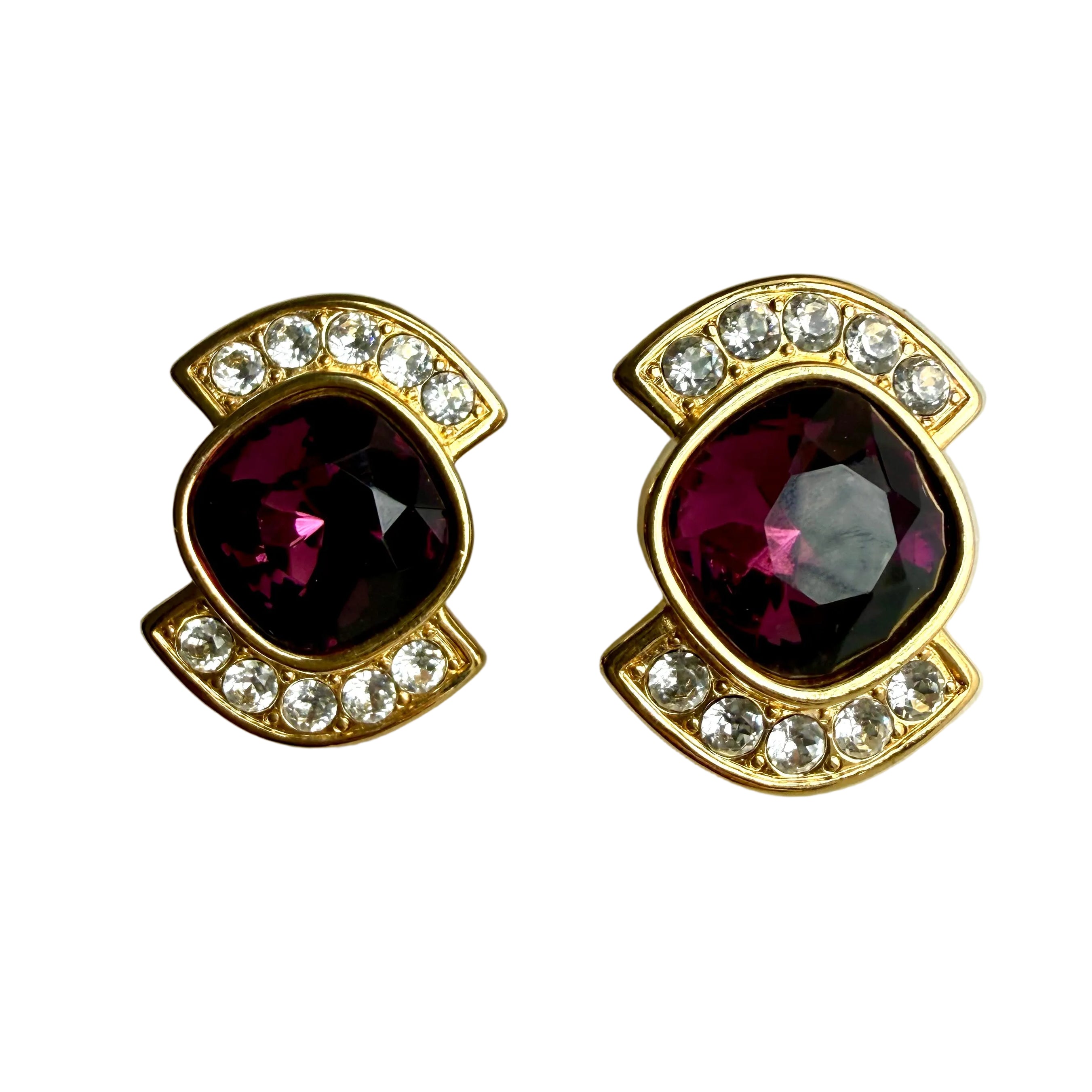 Vintage Signed Designer YSL Purple Crystal Earrings