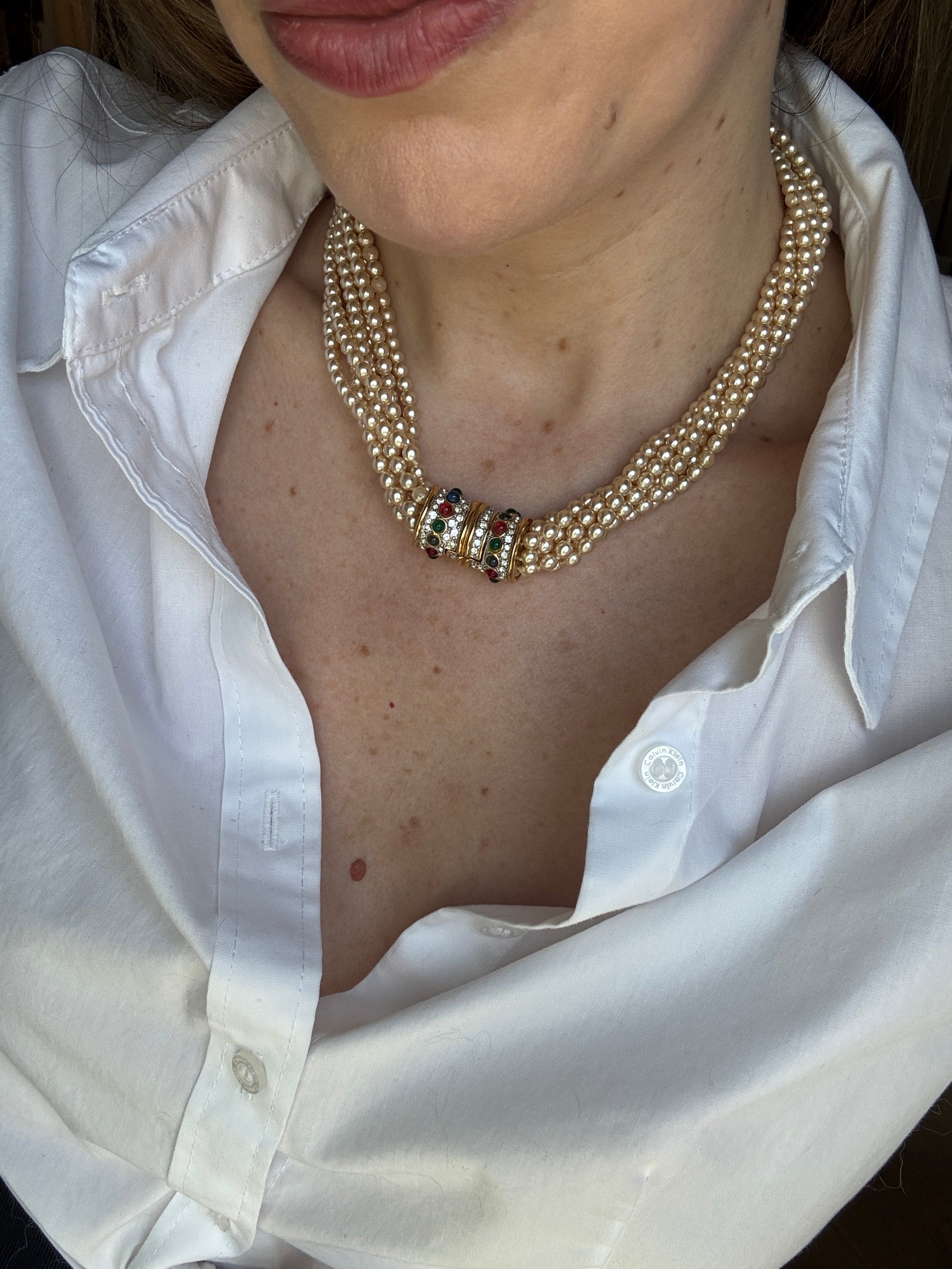 Vintage French 60s Mogul Faux Pearl Multistrand Necklace