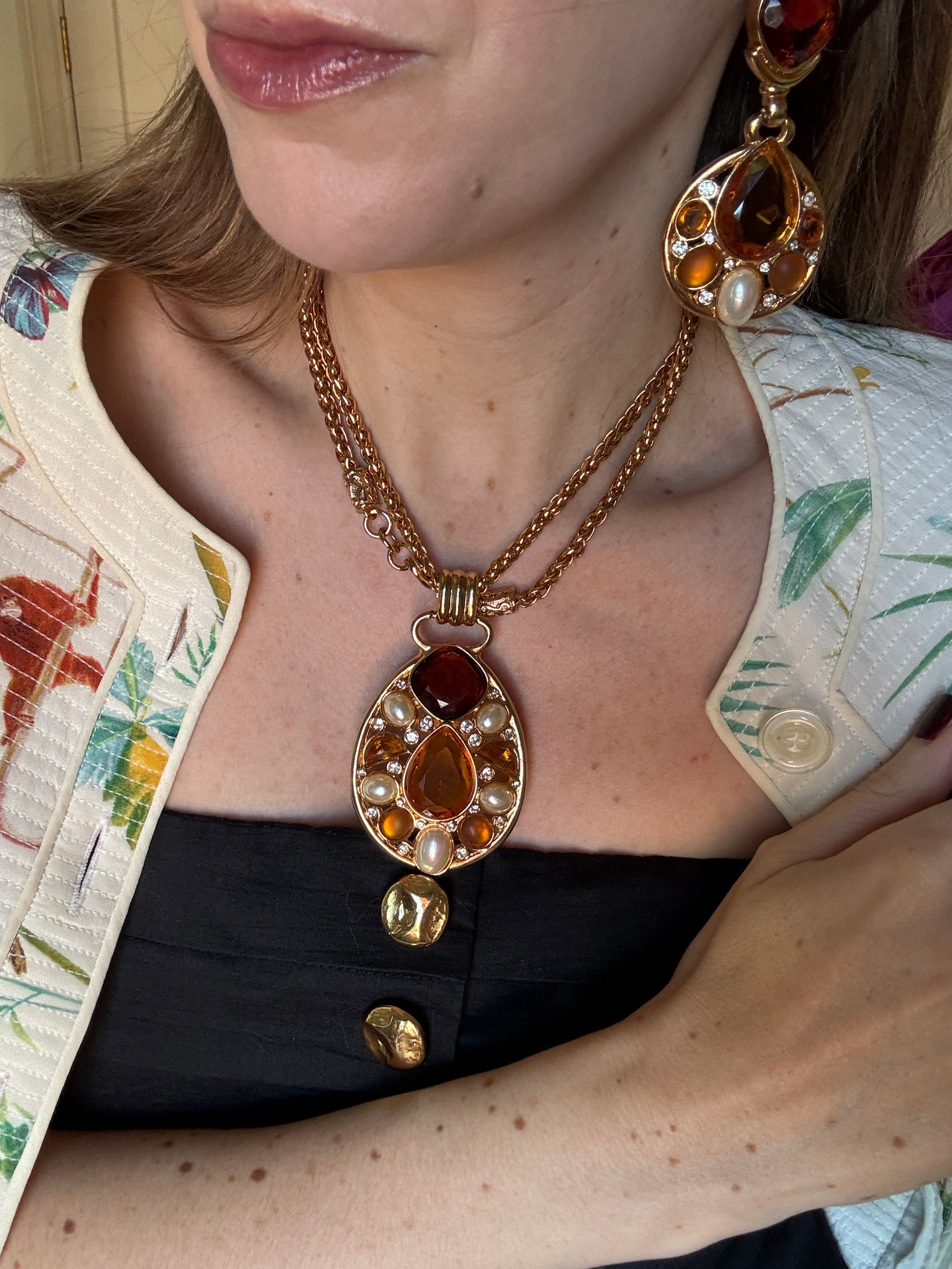 Vintage Designer Citrine, Topaz Crystal Pearl Pendant Necklace