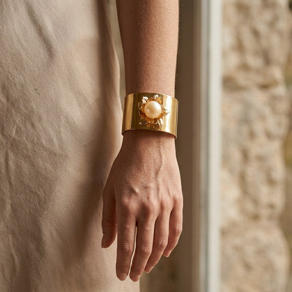 A close-up of a person's wrist wearing a wide gold cuff bracelet with a central pearl and floral detailing, set against a soft beige dress and warm stone background.