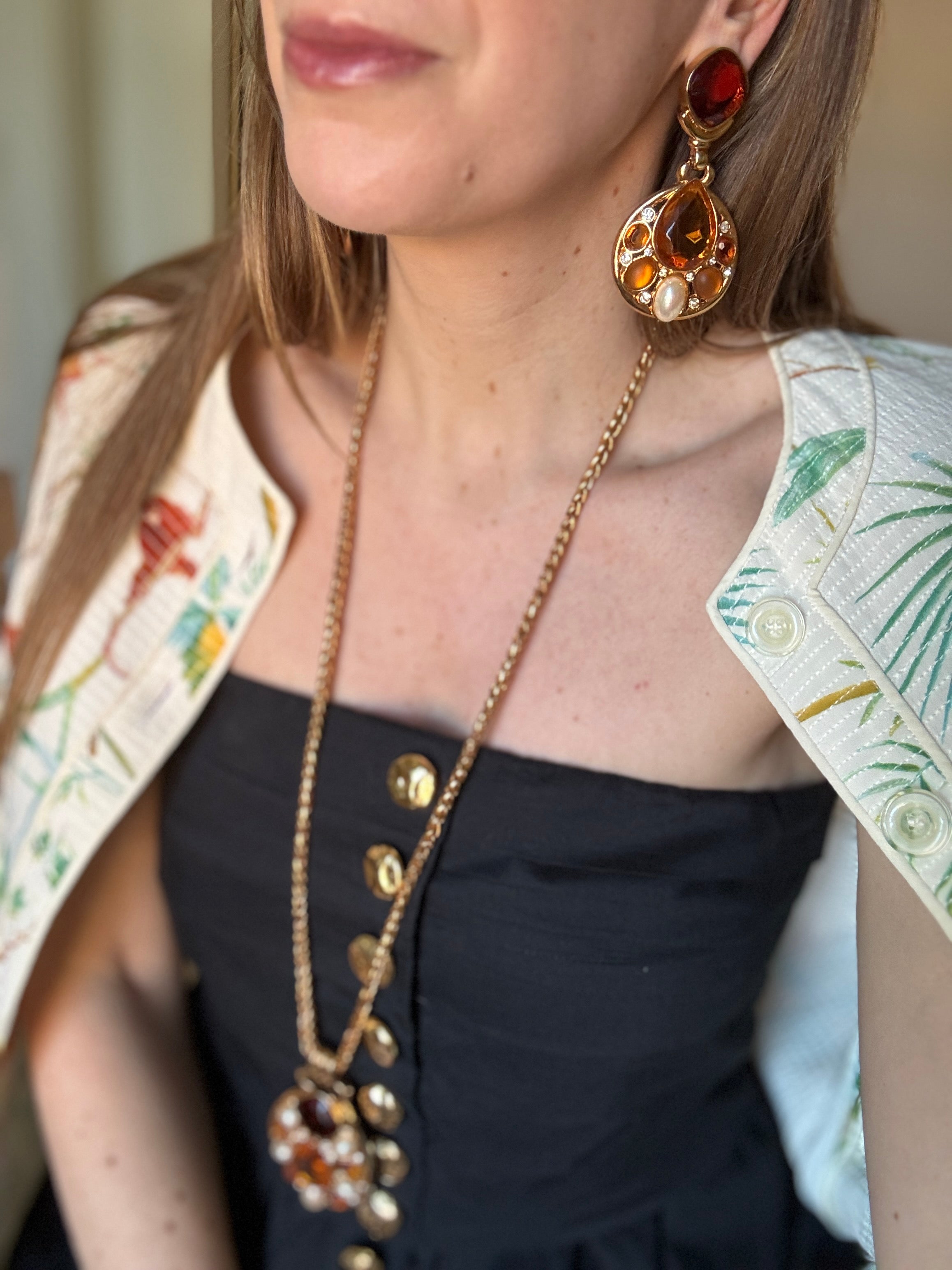Vintage Designer Citrine, Topaz Crystal & Pearl Earrings