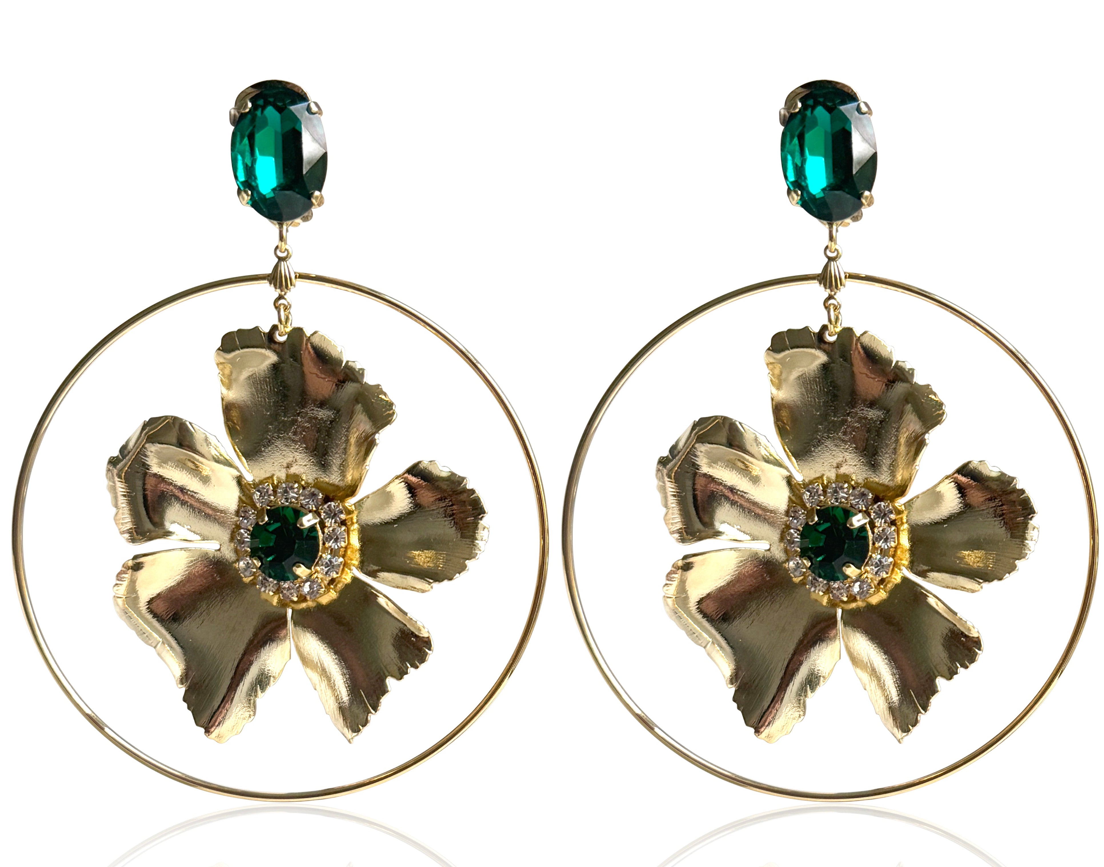 Hayden Emerald Gold Flower Hoop Earrings