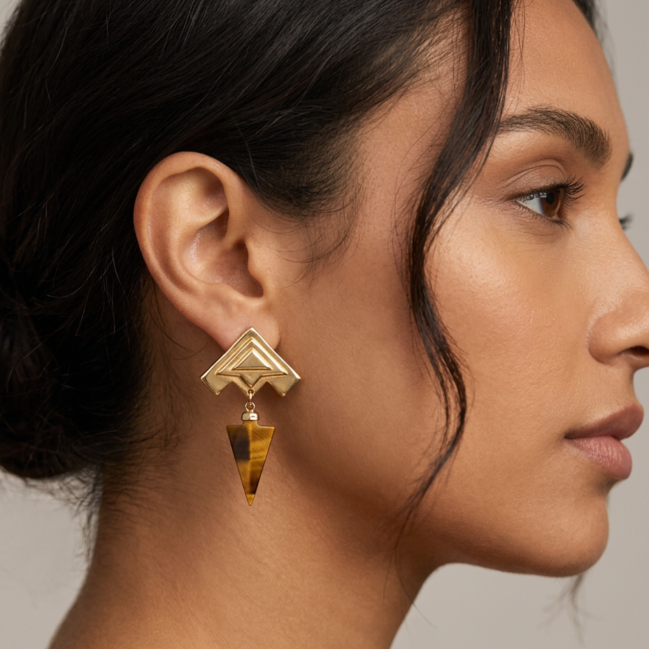 Vintage 80s Tigers Eye Arrow Point Earrings