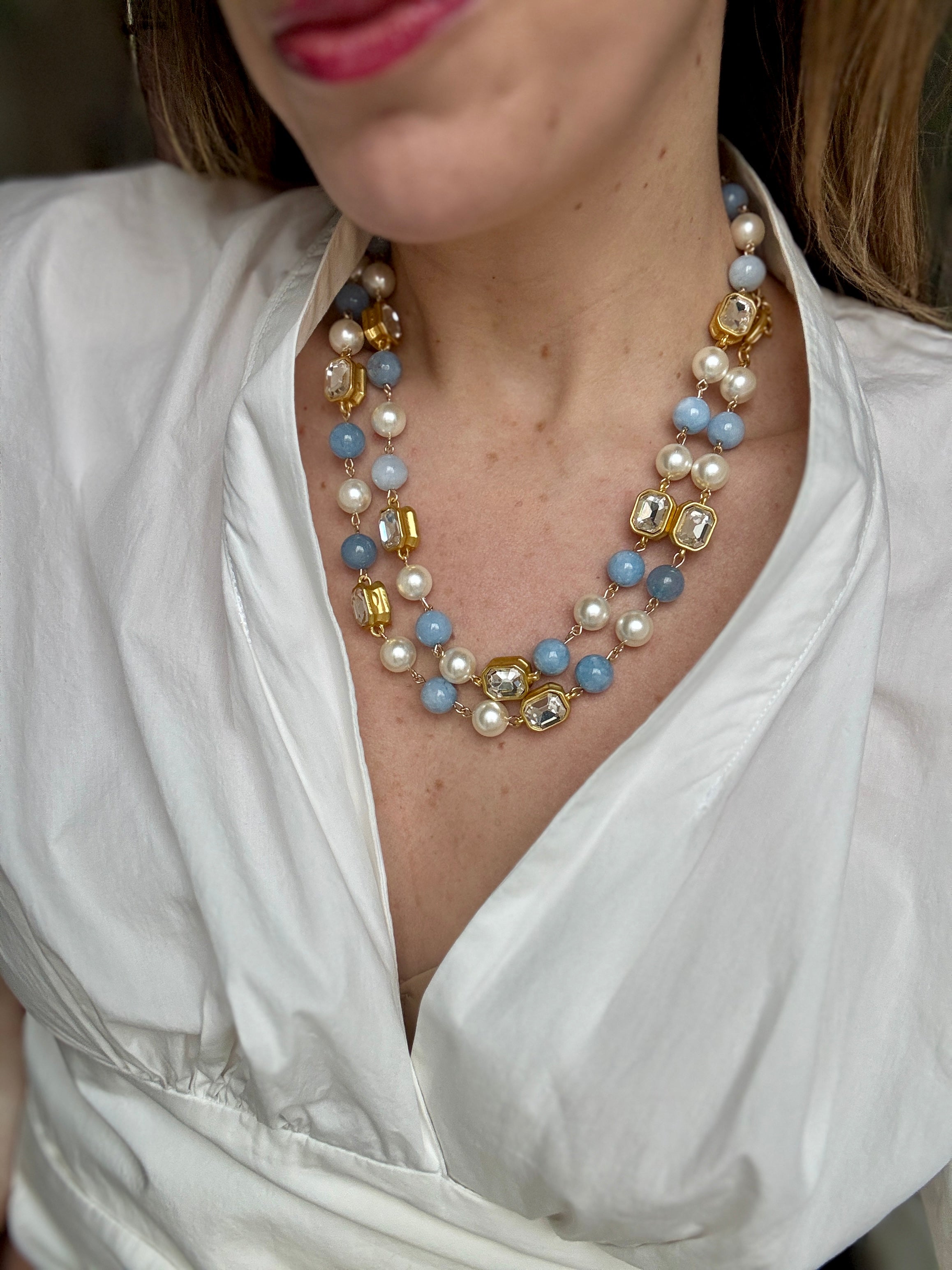 French Blue or Pink Glass Long Pearl Necklace