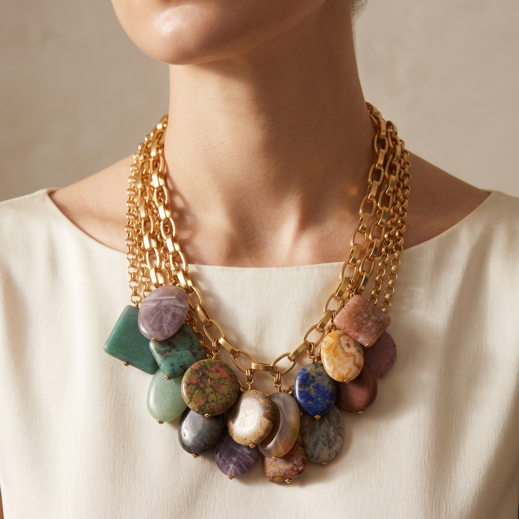 A close-up of a model wearing a statement necklace with multiple gold-tone chains and a cluster of polished, irregularly shaped stones in various colors including green, purple, blue, and brown, styled with a cream-colored top against a neutral beige background.