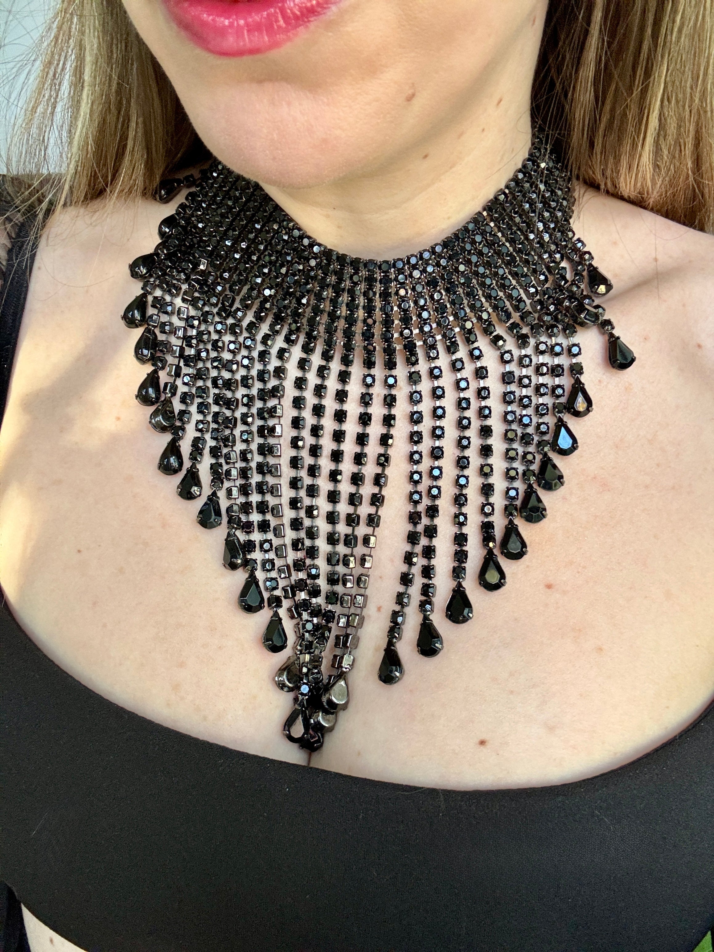 Dazzling 80s Jet Black Crystal Bib Necklace