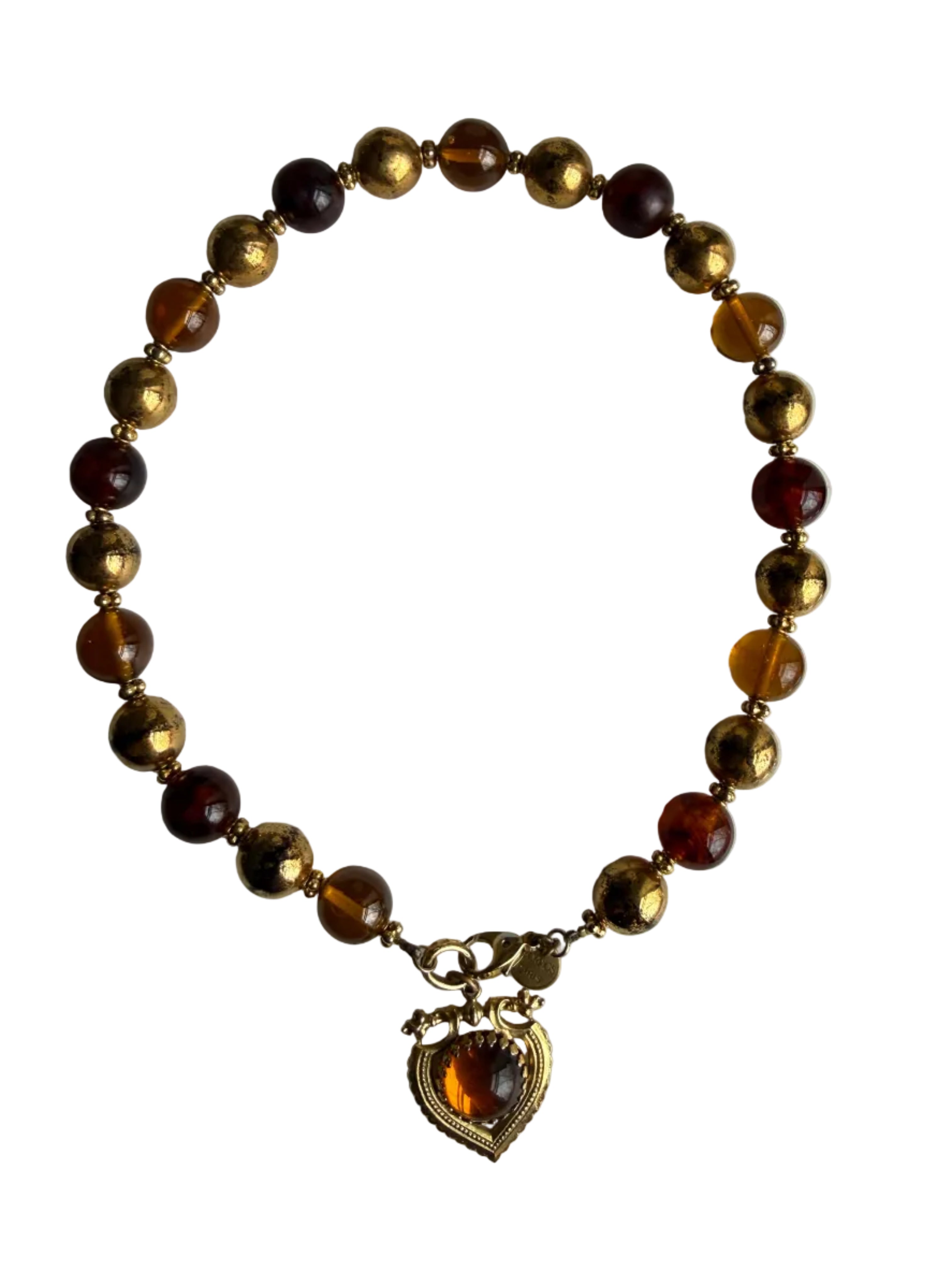 1970s French Brown & Gold Glass Charm Necklace