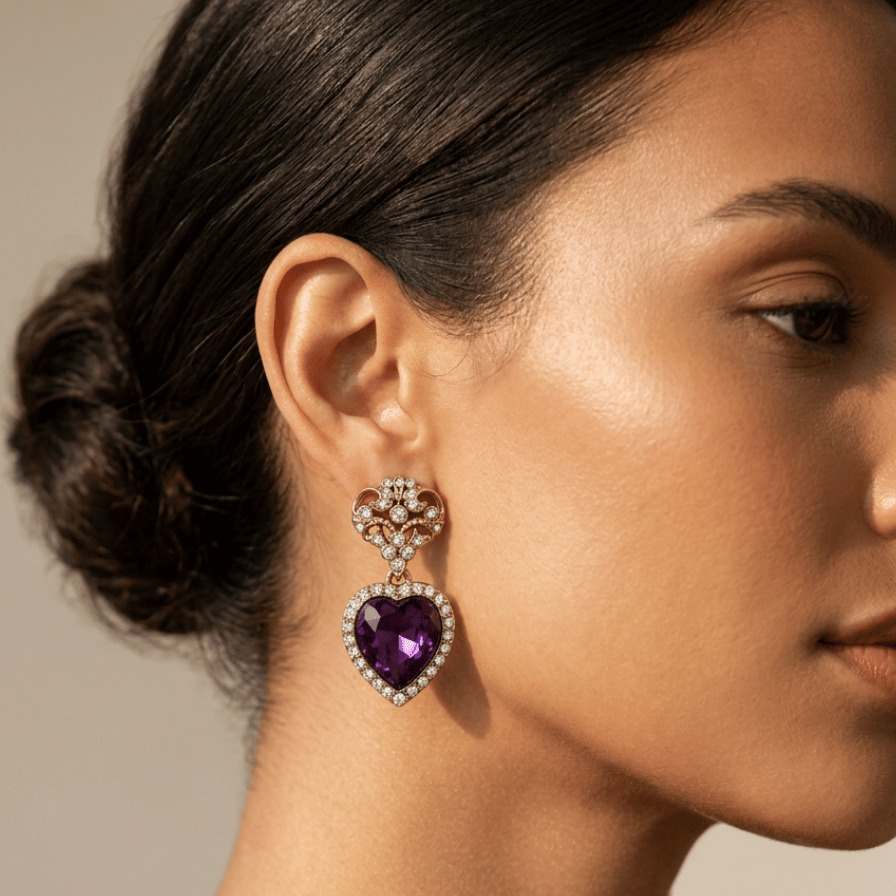 Purple Crystal Heart Dangle Earrings