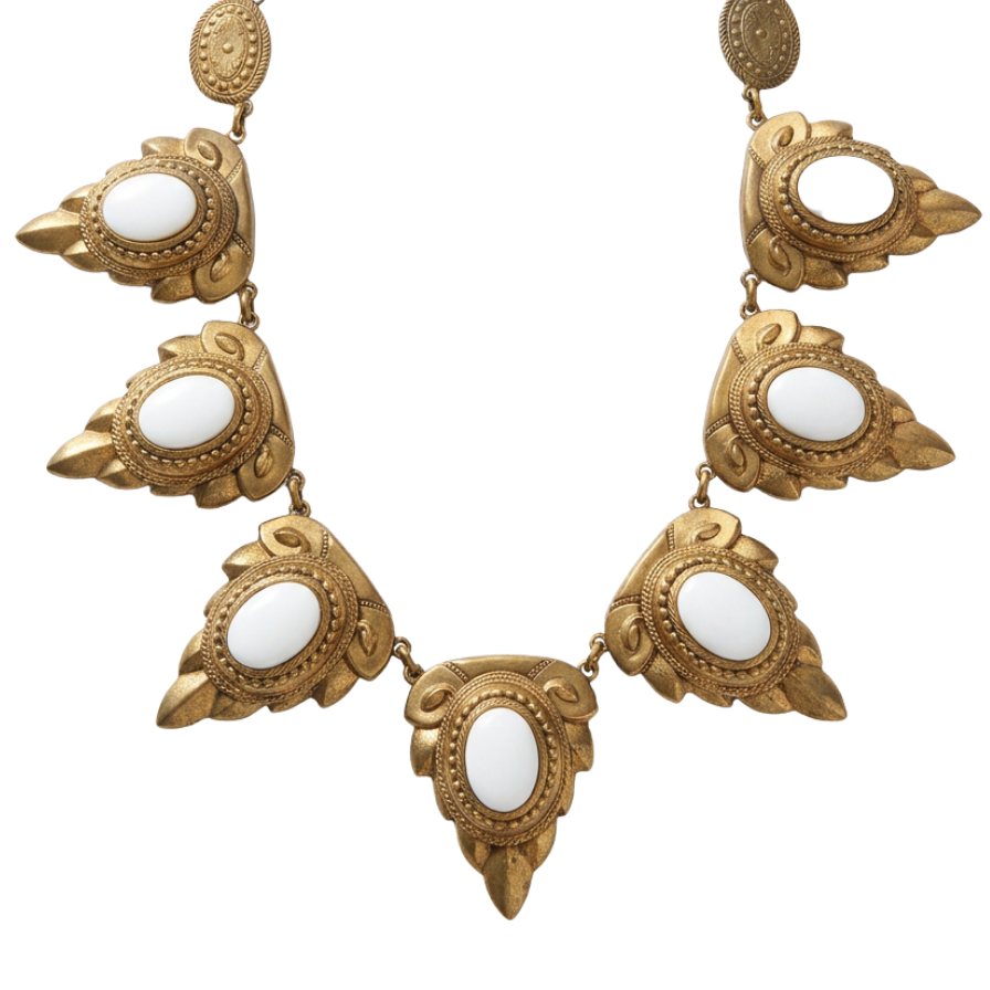 Vintage 1950s Ornate Brass & White Enamel Collar Necklace