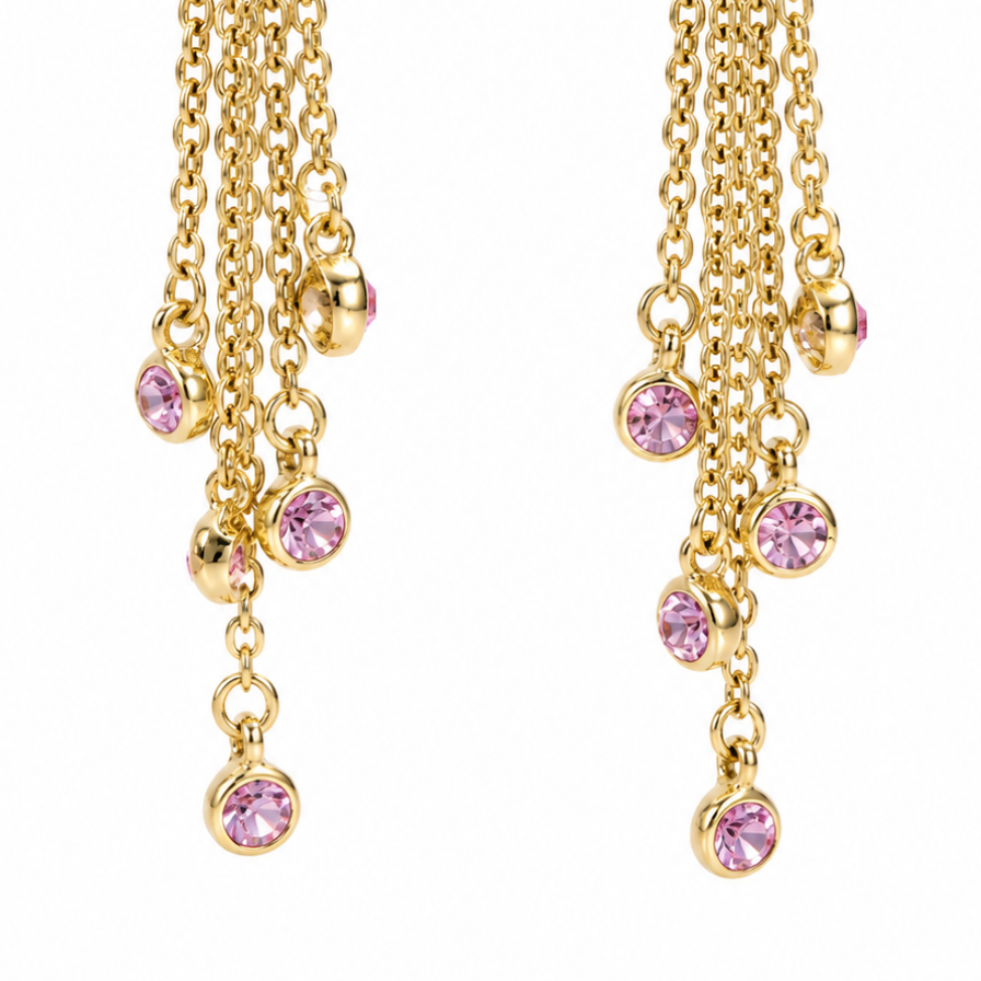 Vintage Gold-Tone Pink Crystal Multi-Strand Earring