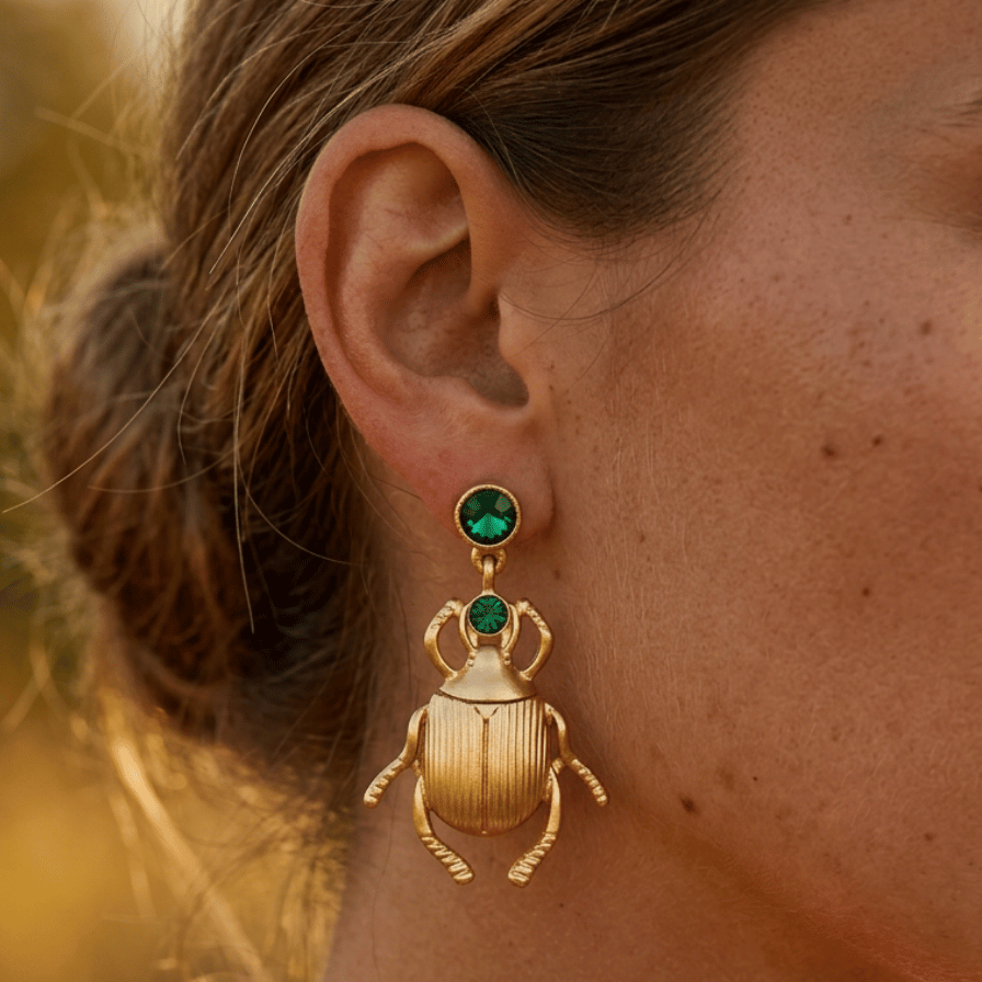 Scarab Earrings with Green Crystals