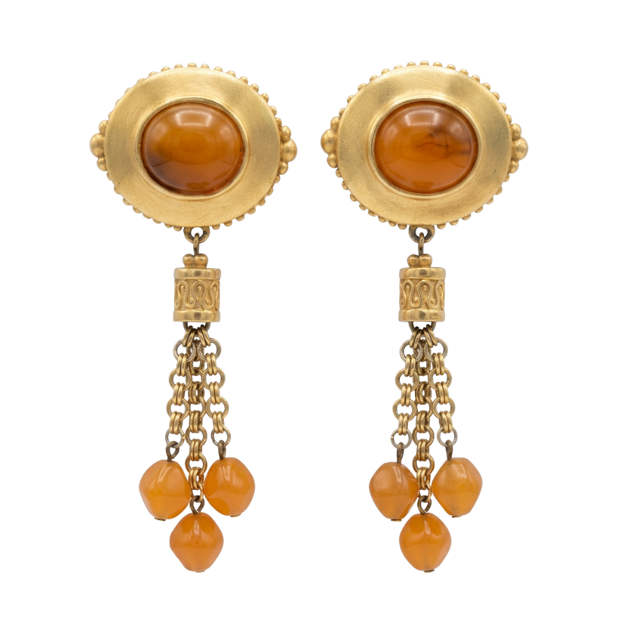 Vintage Liz Claiborne Gold & Orange Resin Cabochon Dangle Earrings