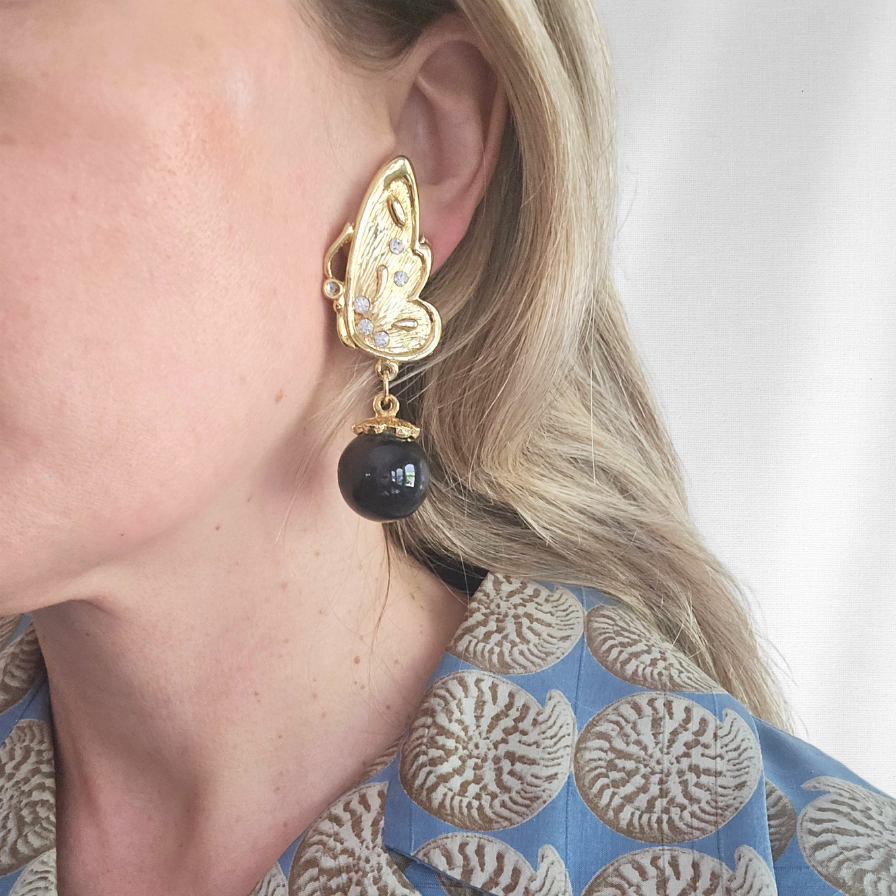 Vintage Gold Butterfly & Black Resin Drop Earrings